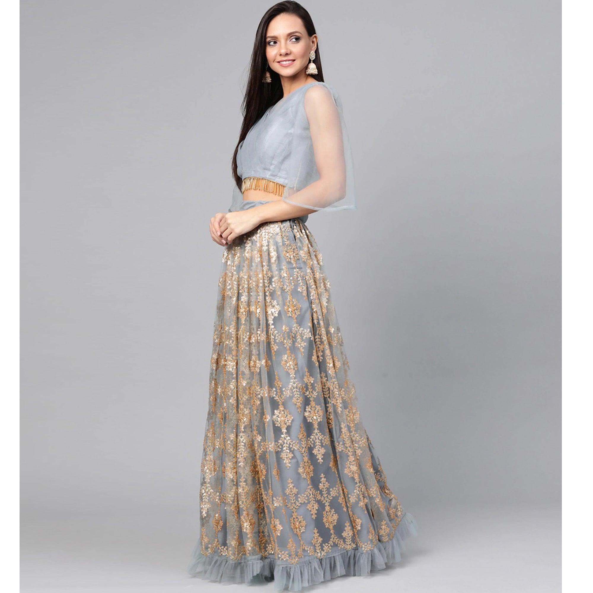 Light Blue Designer Wedding Wear Thread Zari Work Soft Net Lehenga Choli - Peachmode