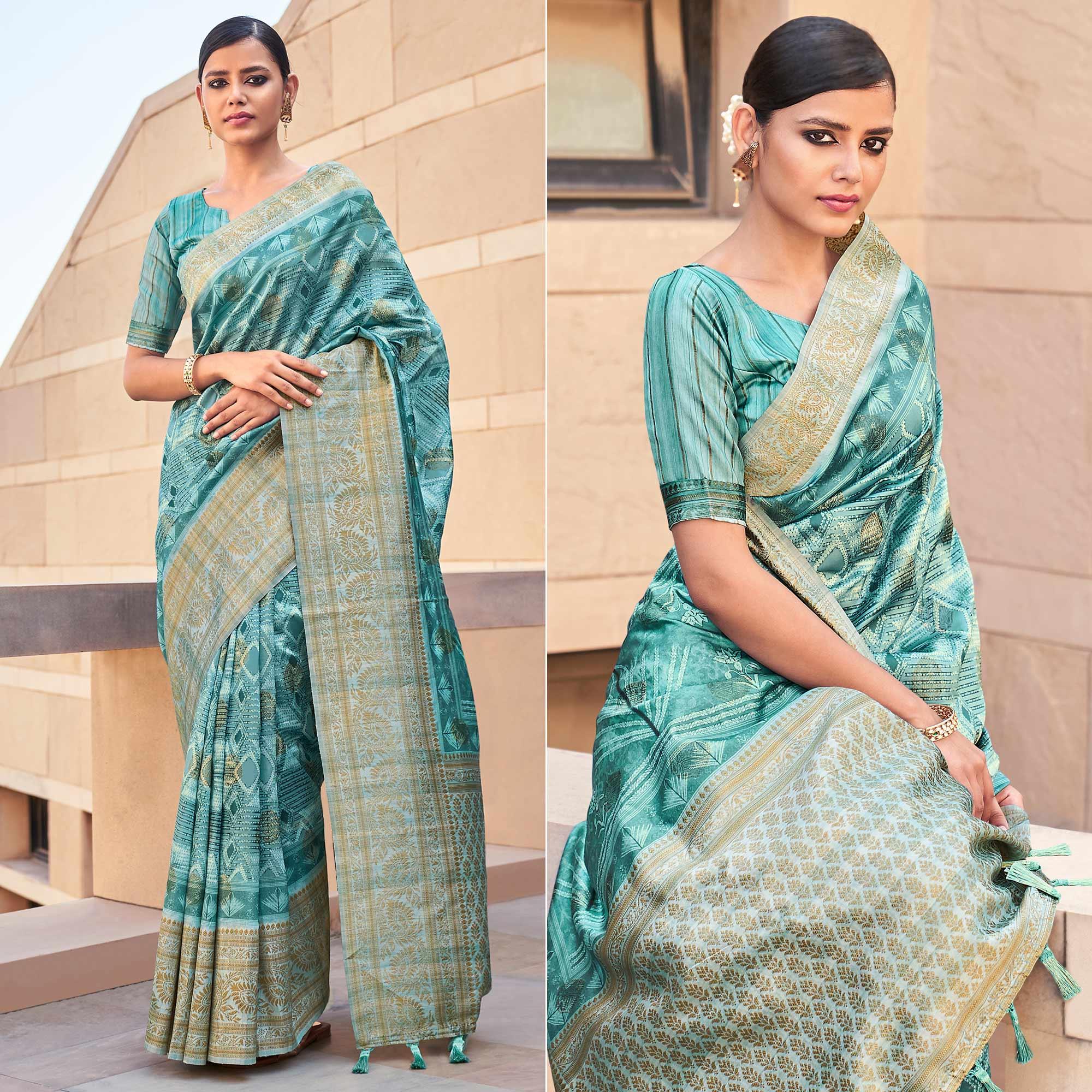 Light Blue Digital Printed Art Silk Saree With Tassels - Peachmode