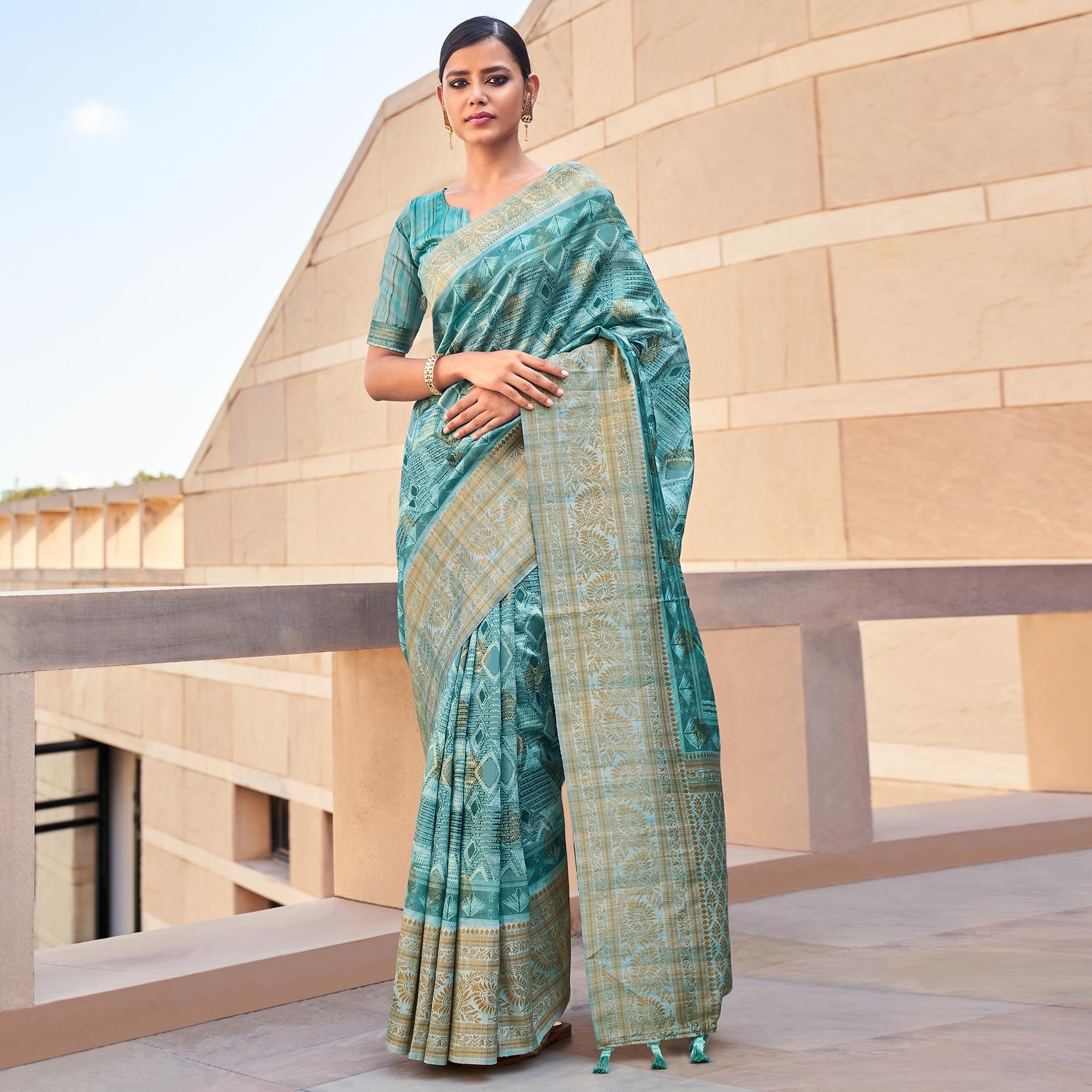 Light Blue Digital Printed Art Silk Saree With Tassels - Peachmode