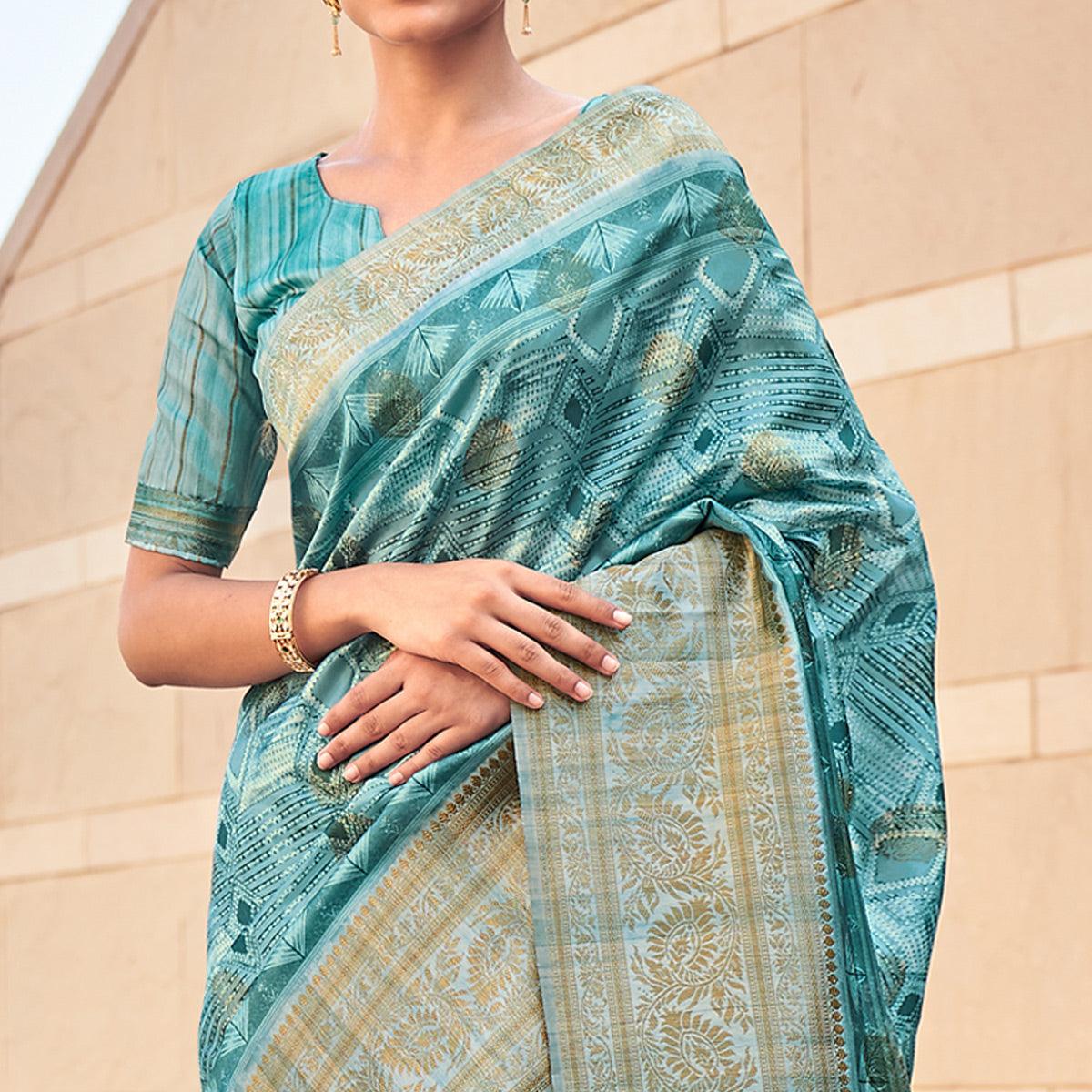 Light Blue Digital Printed Art Silk Saree With Tassels - Peachmode