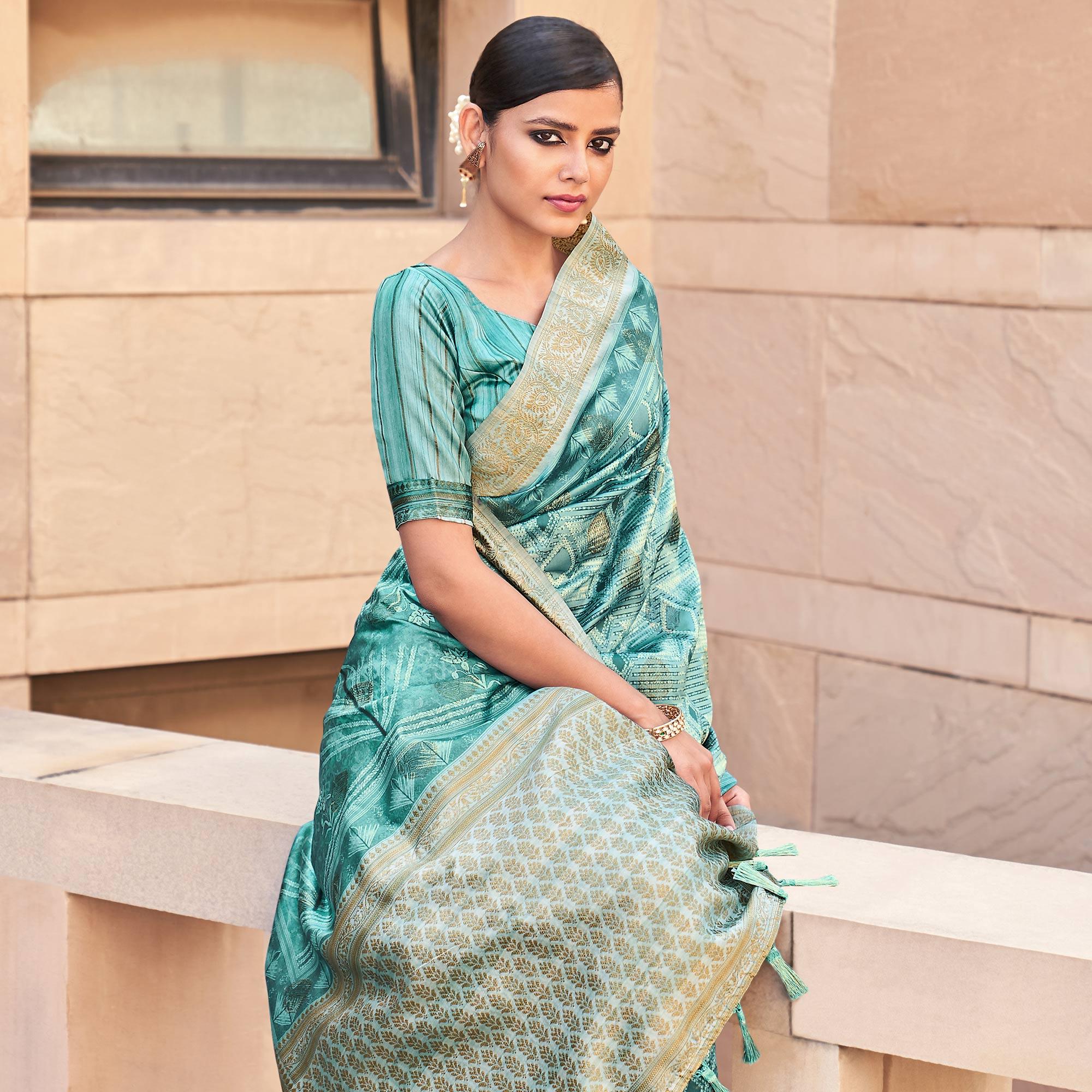 Light Blue Digital Printed Art Silk Saree With Tassels - Peachmode