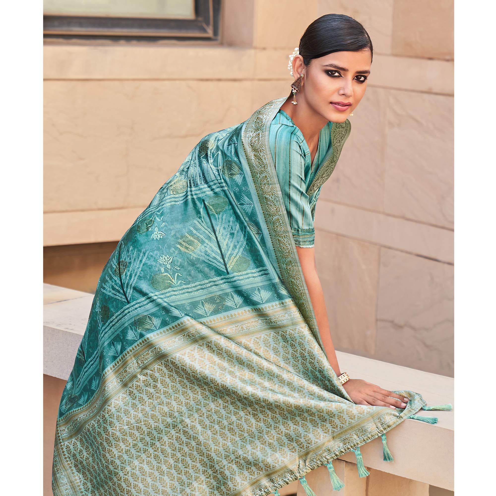 Light Blue Digital Printed Art Silk Saree With Tassels - Peachmode