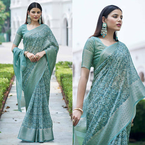 Light Blue Digital Printed Linen Saree - Peachmode