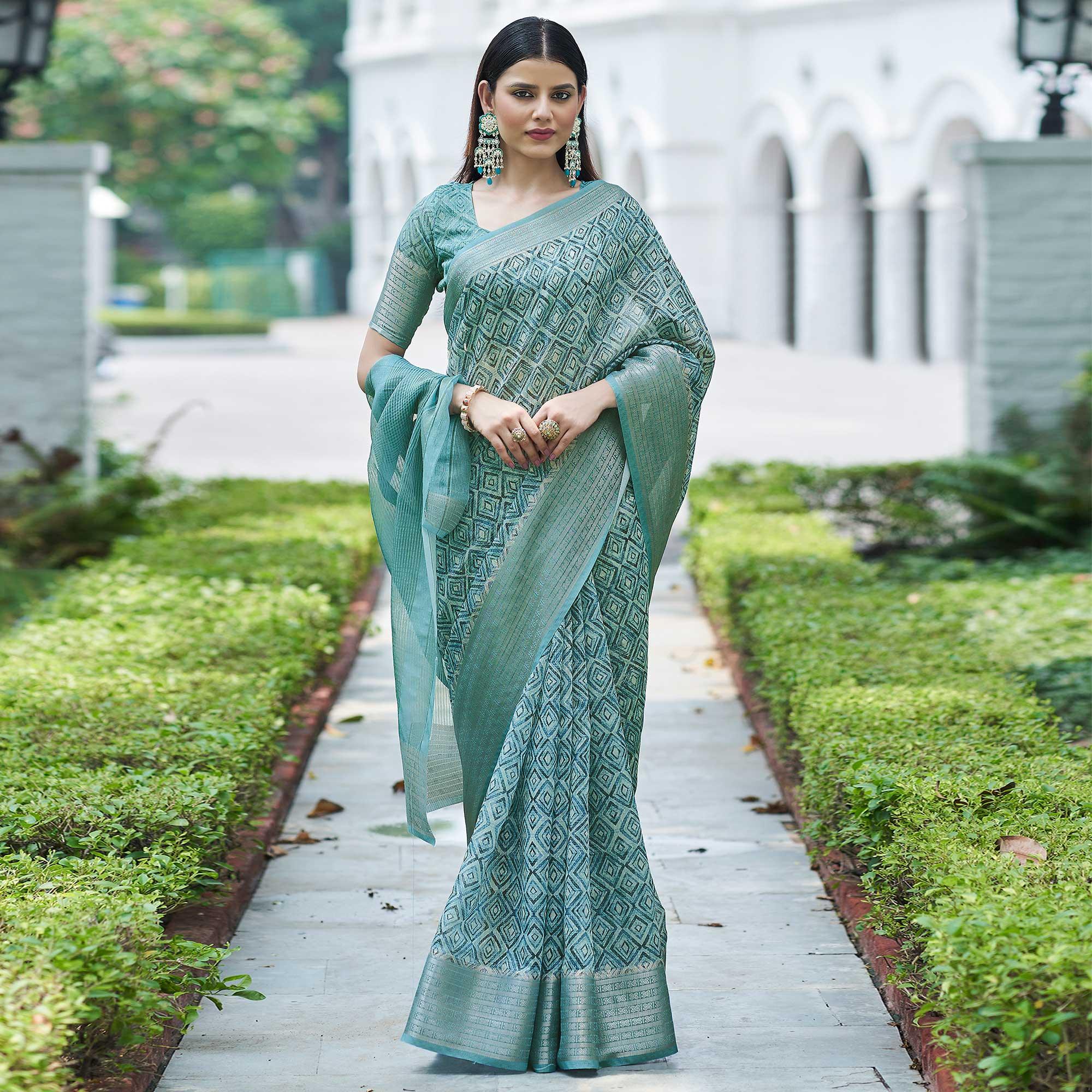 Light Blue Digital Printed Linen Saree - Peachmode