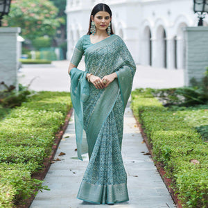 Light Blue Digital Printed Linen Saree - Peachmode