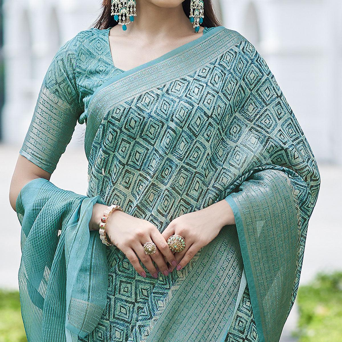 Light Blue Digital Printed Linen Saree - Peachmode