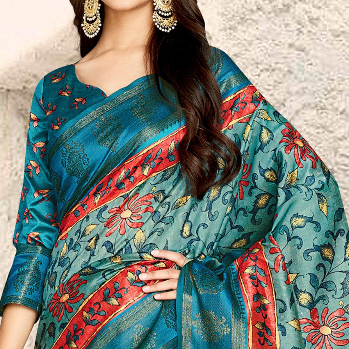 Light Blue Digital Printed Tussar Silk Saree With Tassels - Peachmode