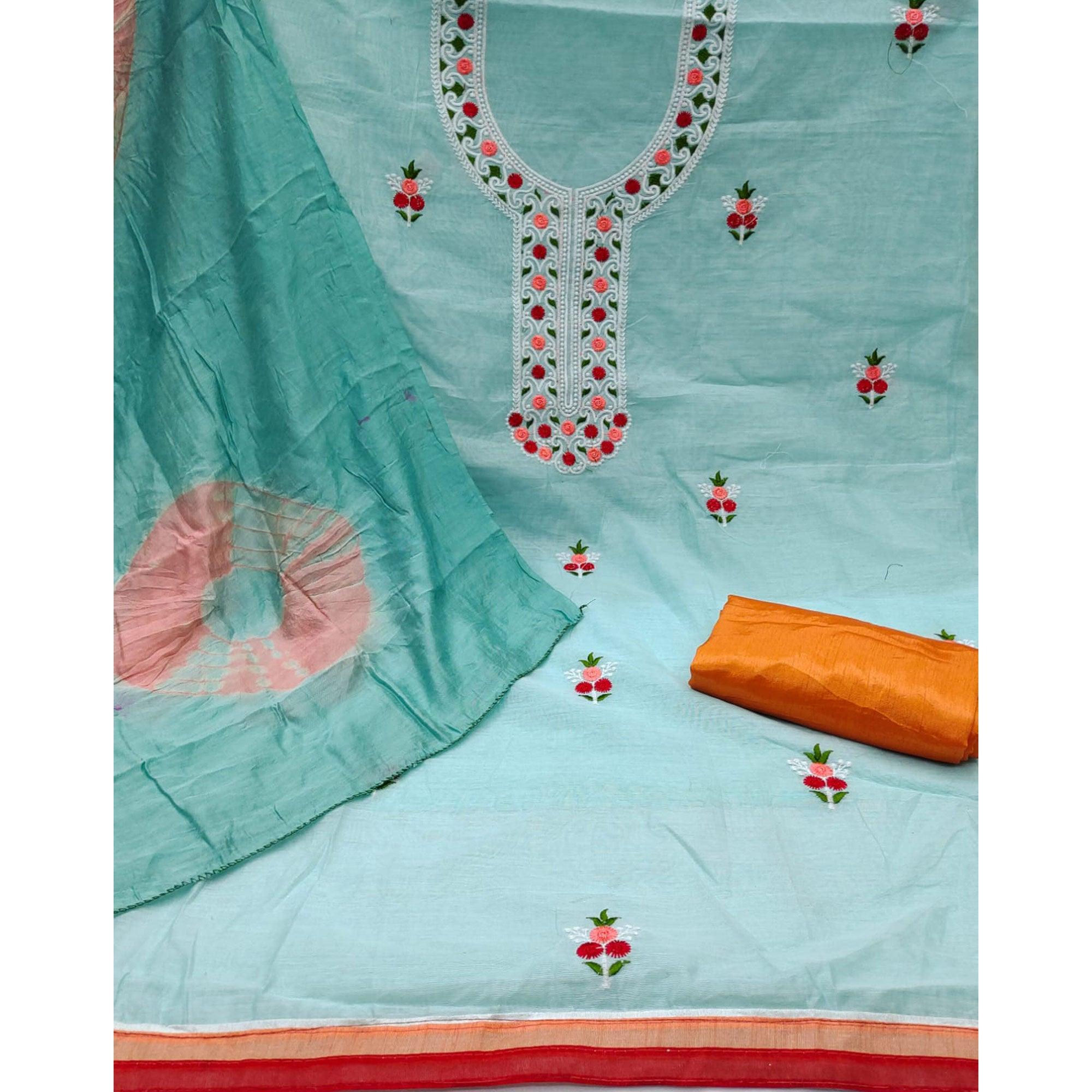 Light Blue Embroidered Chanderi Dress Material - Peachmode