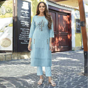 Light Blue Embroidered Cotton Kurti - Pant Set - Peachmode