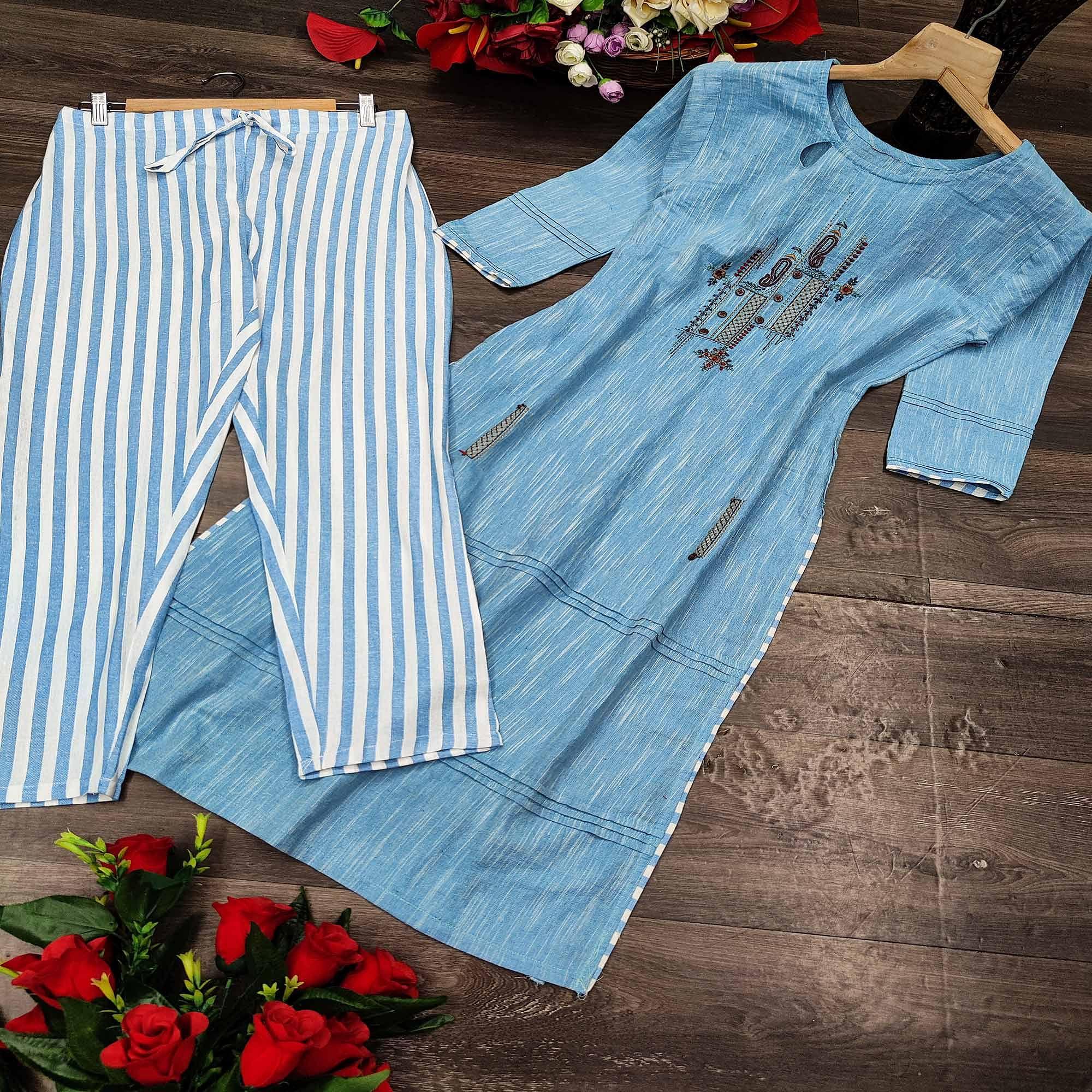 Light Blue Embroidered Cotton Kurti - Pant Set - Peachmode