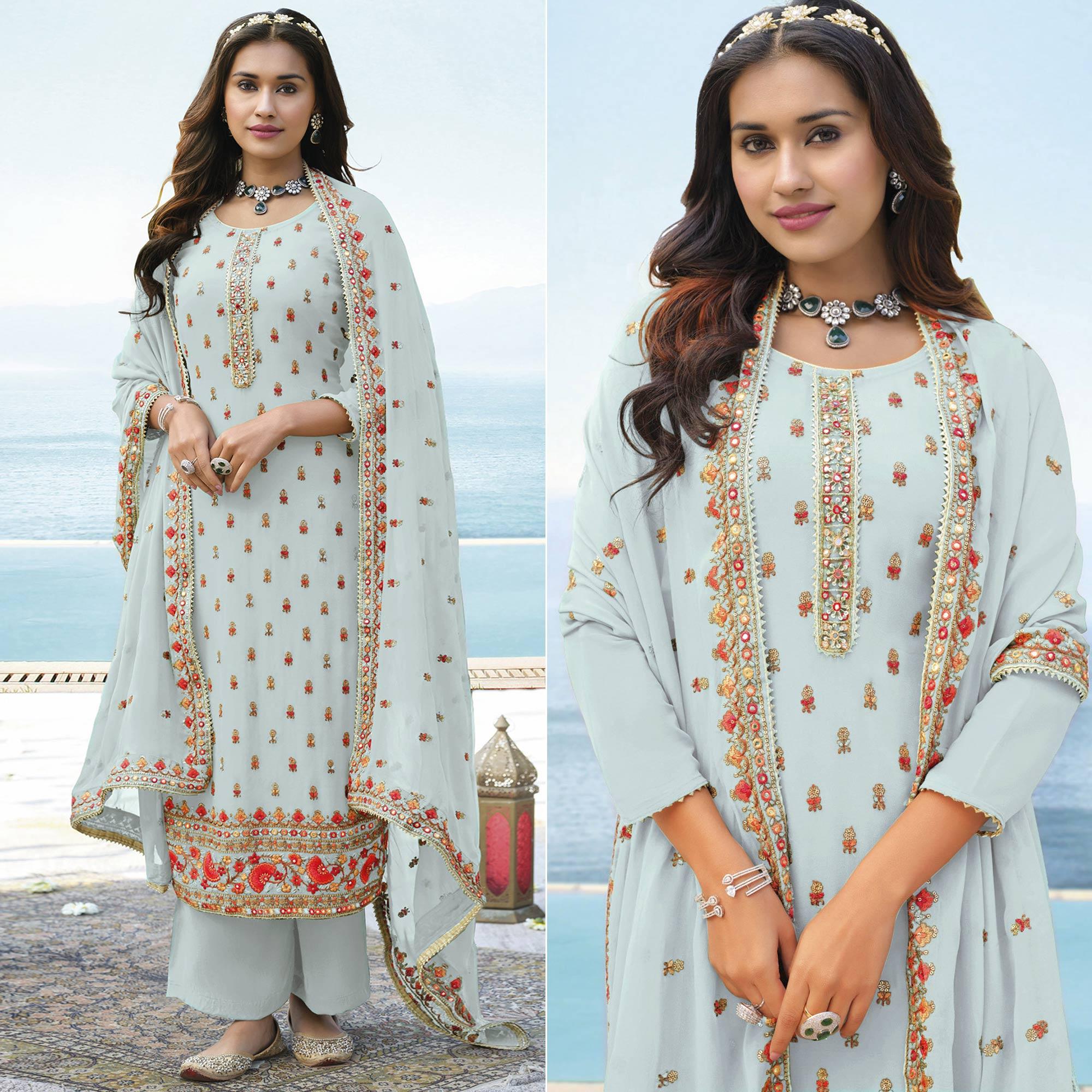 Light Blue Embroidered Georgette Palazzo Suit - Peachmode