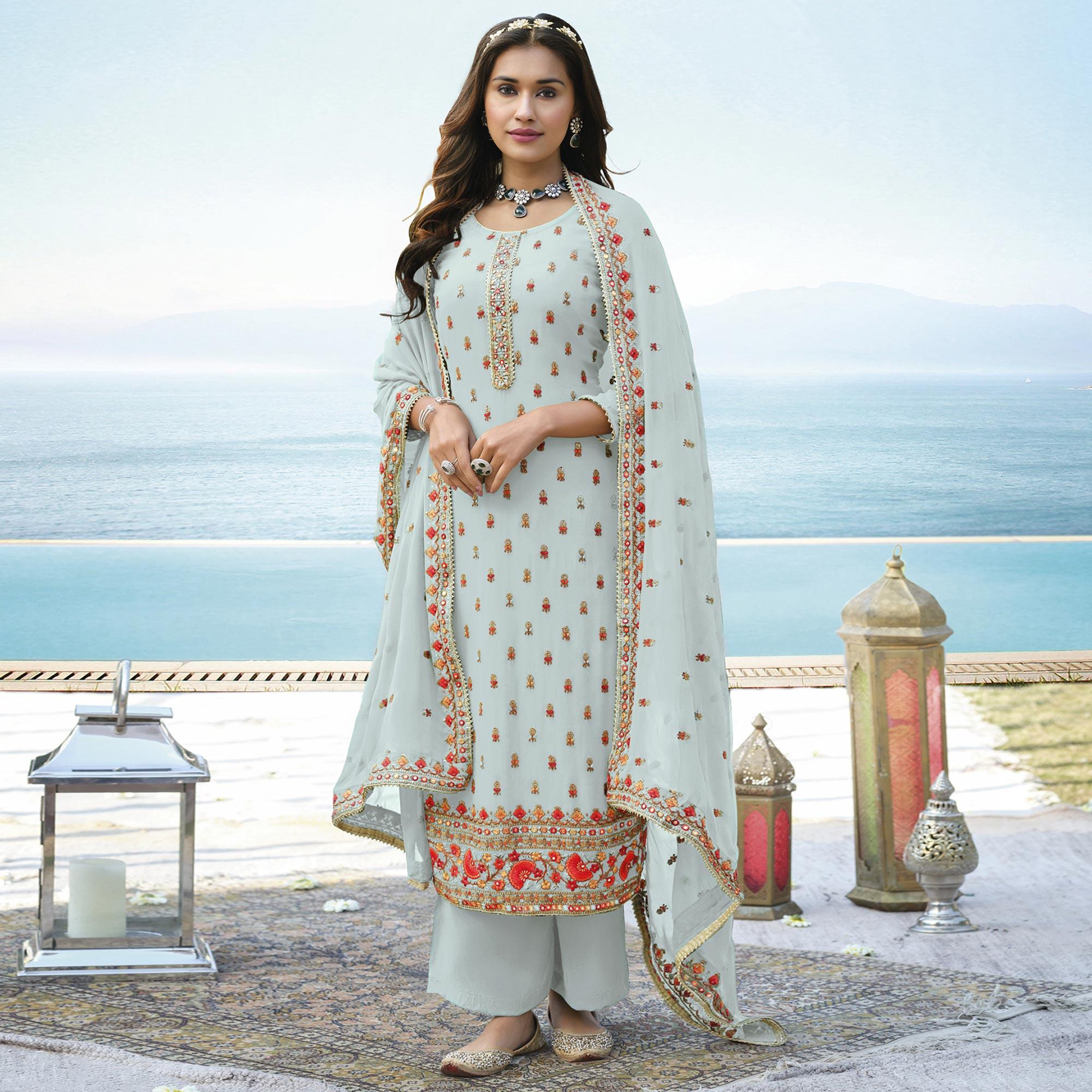 Light Blue Embroidered Georgette Palazzo Suit - Peachmode