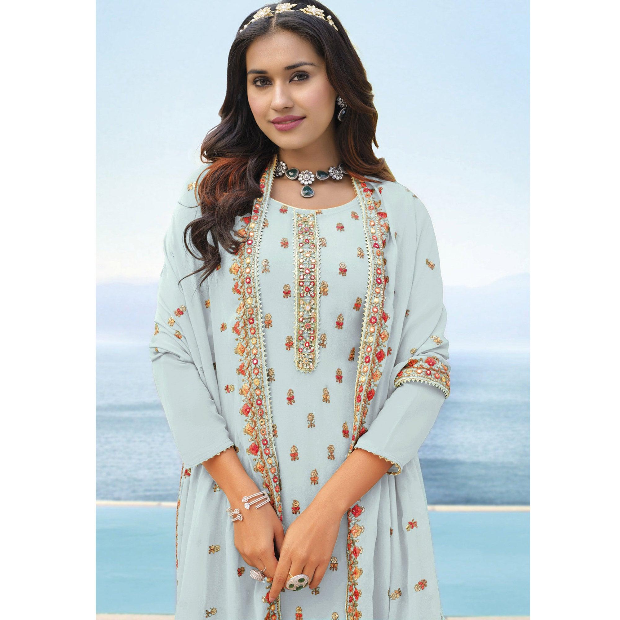 Light Blue Embroidered Georgette Palazzo Suit - Peachmode
