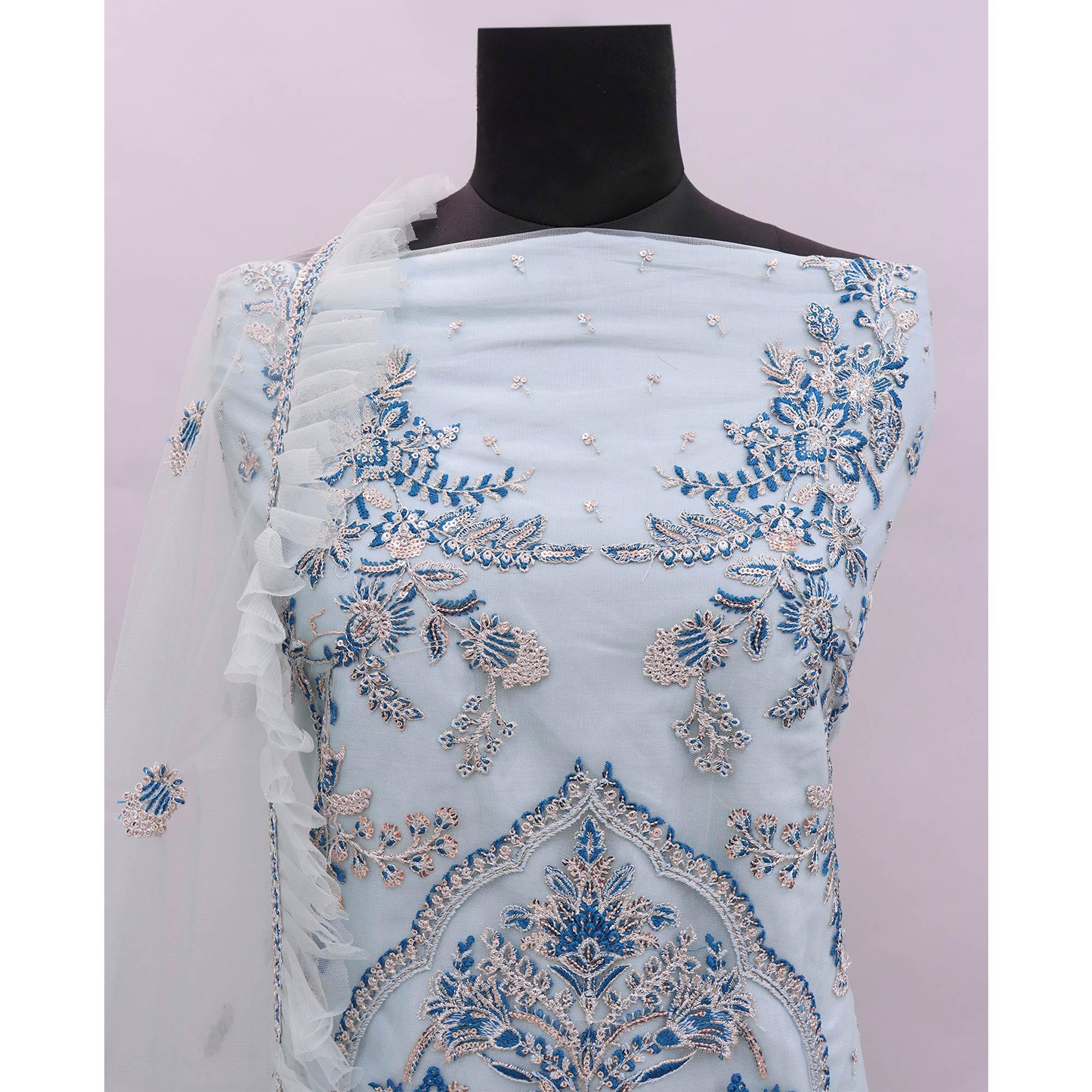 Light Blue Embroidered Netted Pakistani Suit - Peachmode
