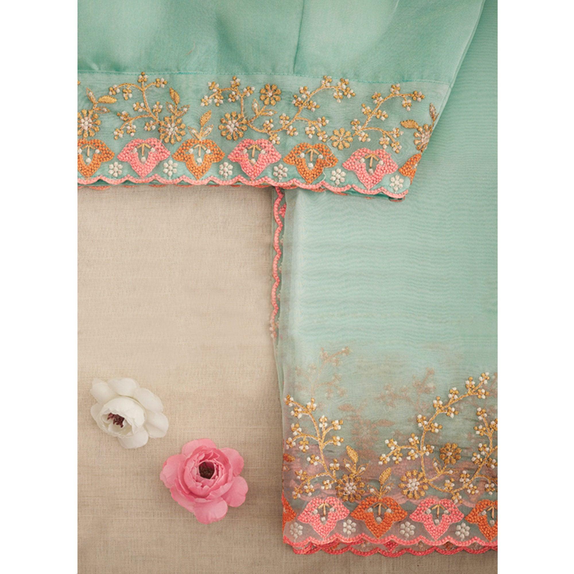 Light Blue Embroidered Organza Saree - Peachmode