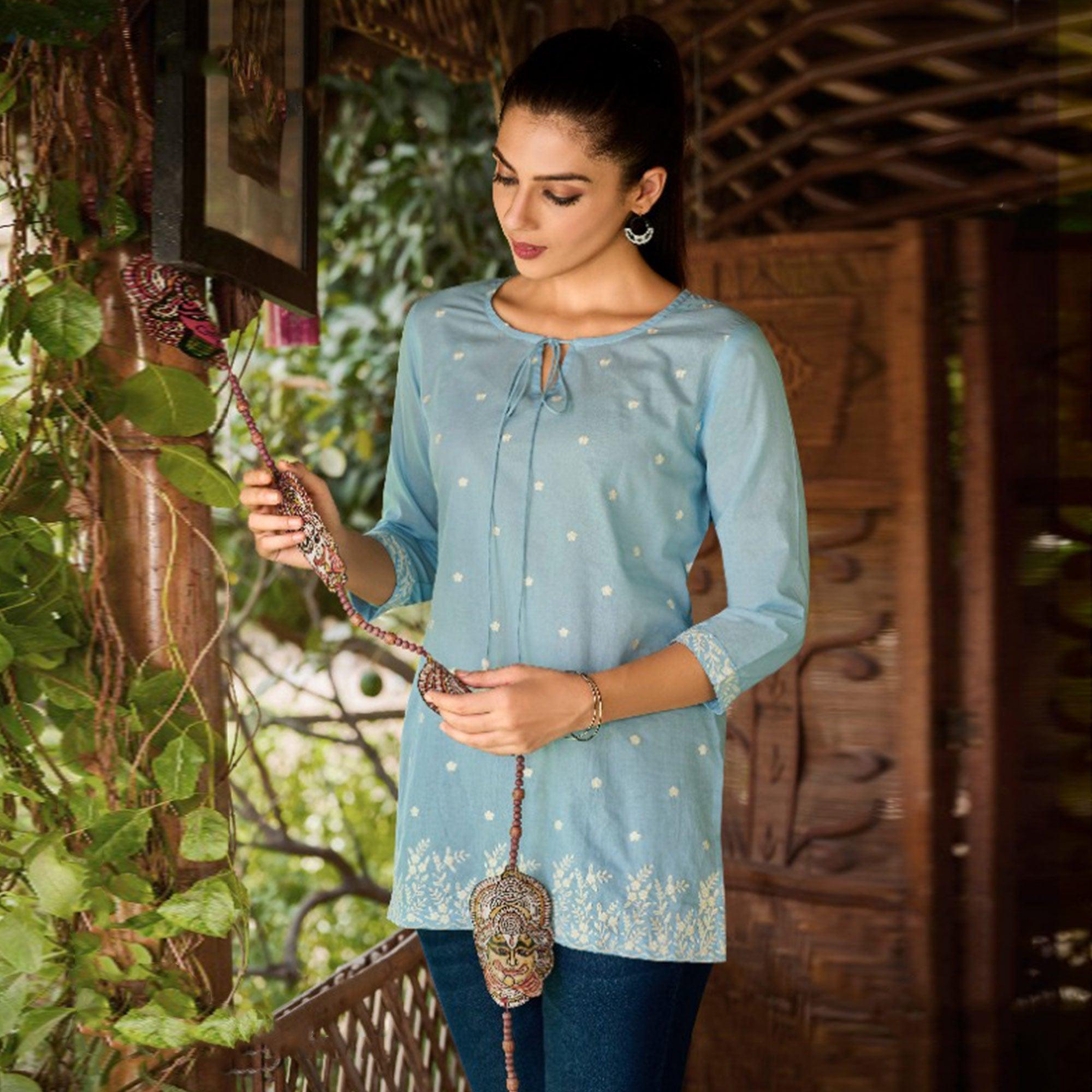 Light Blue Embroidered Pure Cotton Top - Peachmode