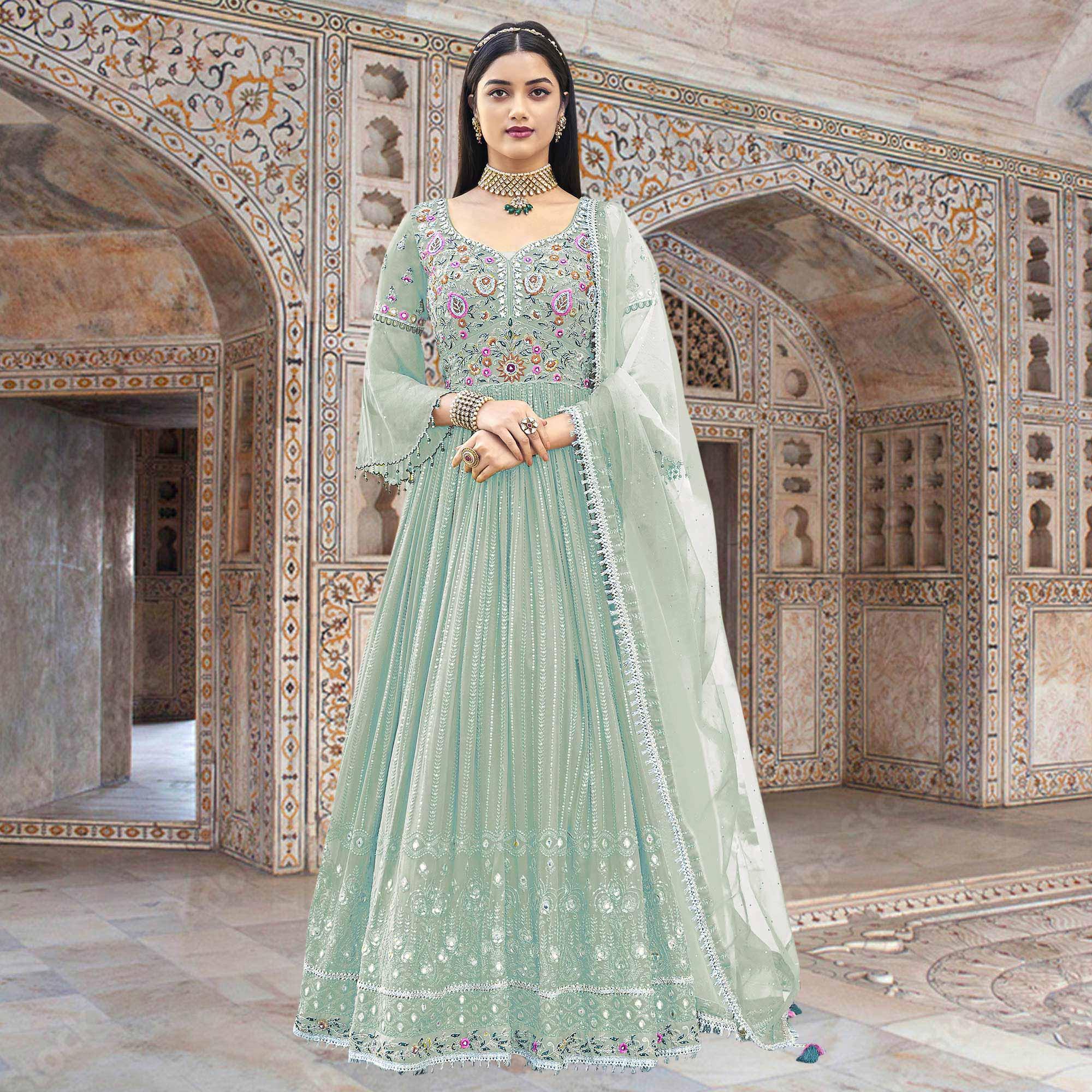 Light Blue Embroidered With Embellished Georgette Anarkali Style Gown - Peachmode