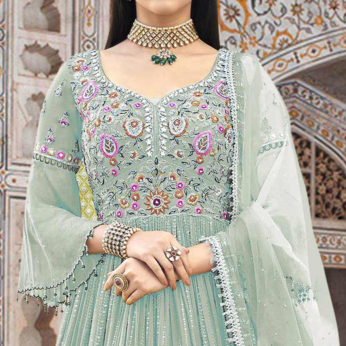 Light Blue Embroidered With Embellished Georgette Anarkali Style Gown - Peachmode