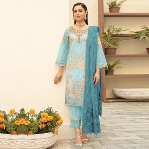 Light Blue Embroidered With Embellished Georgette Pakistani Suit - Peachmode