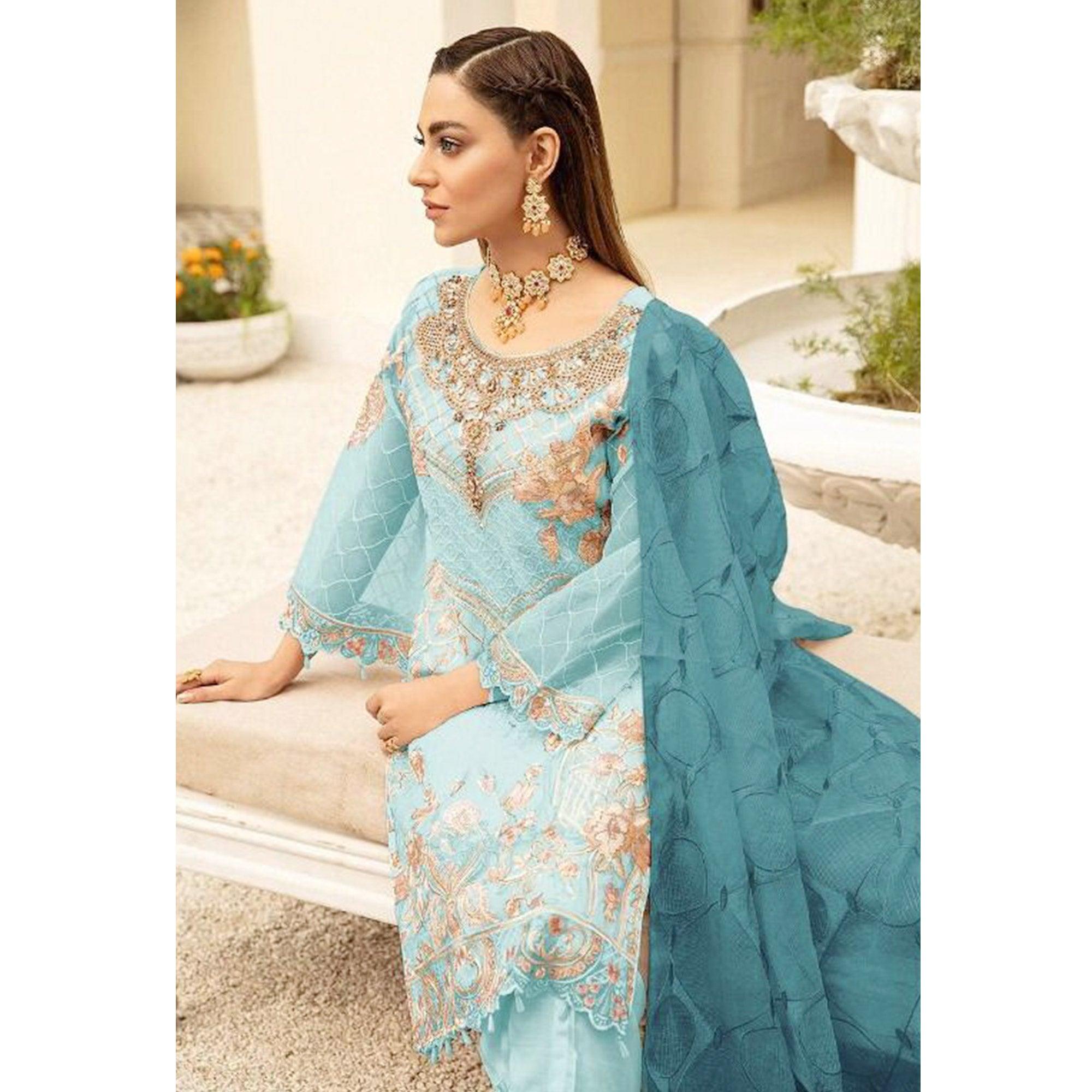 Light Blue Embroidered With Embellished Georgette Pakistani Suit - Peachmode