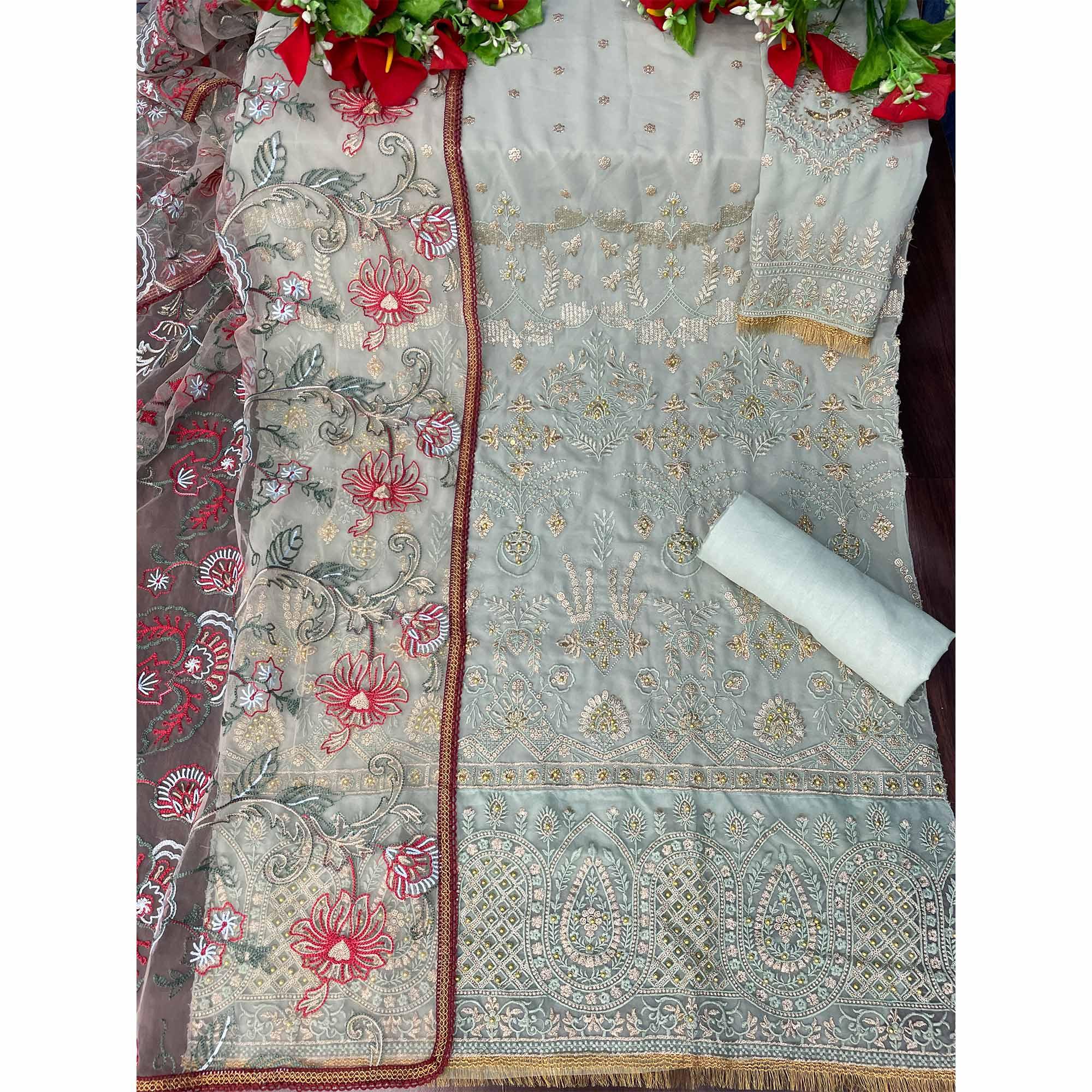 Light Blue Embroidered With Embellished Georgette Pakistani Suit - Peachmode