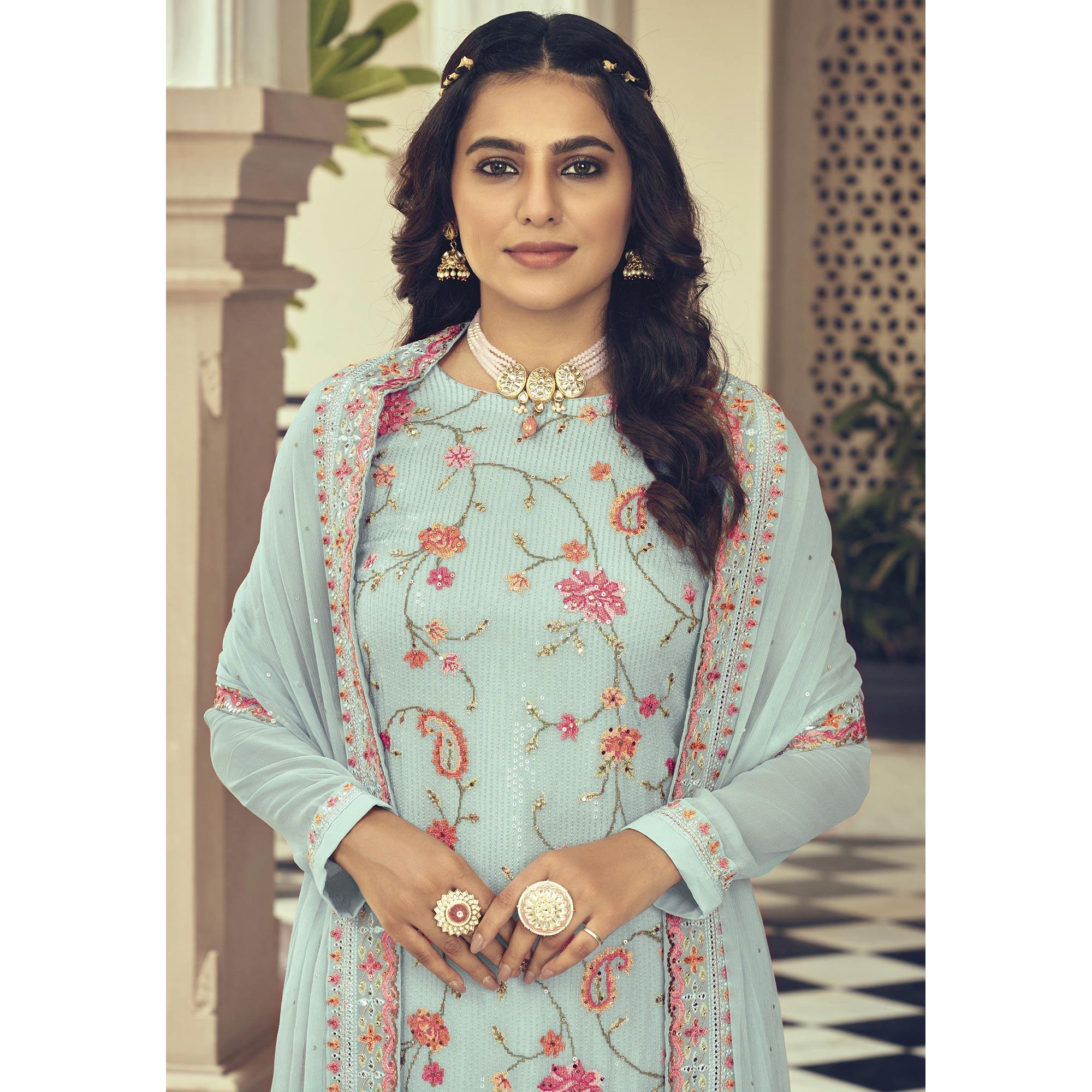 Light Blue Embroidered With Embellished Georgette Salwar Suit - Peachmode