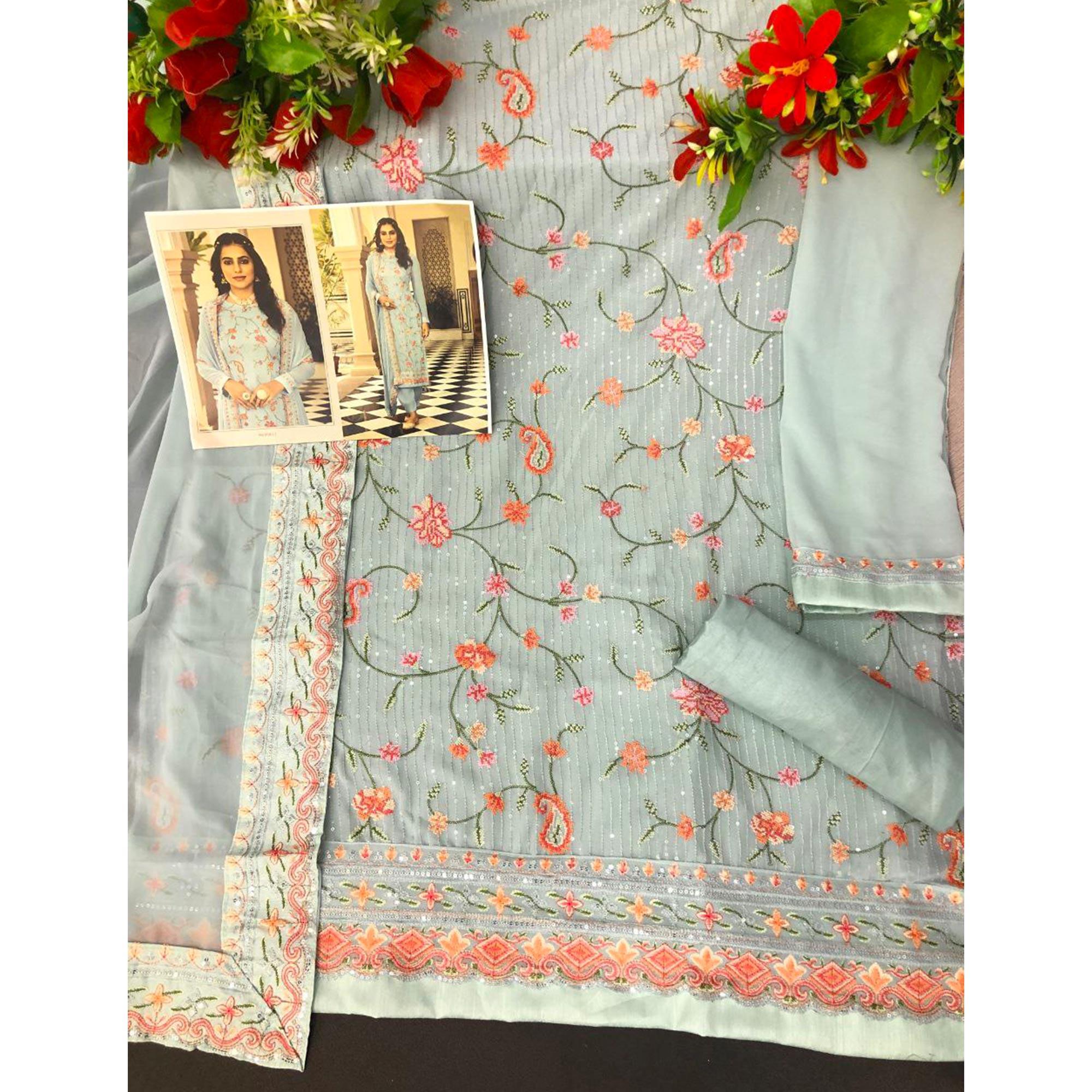 Light Blue Embroidered With Embellished Georgette Salwar Suit - Peachmode