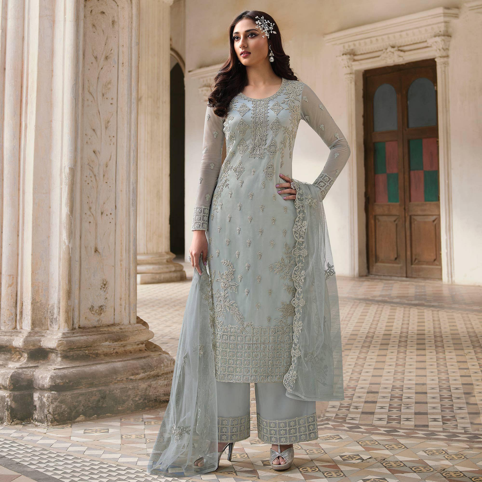 Light Blue Embroidery With Embellished Net Partywear Suit - Peachmode