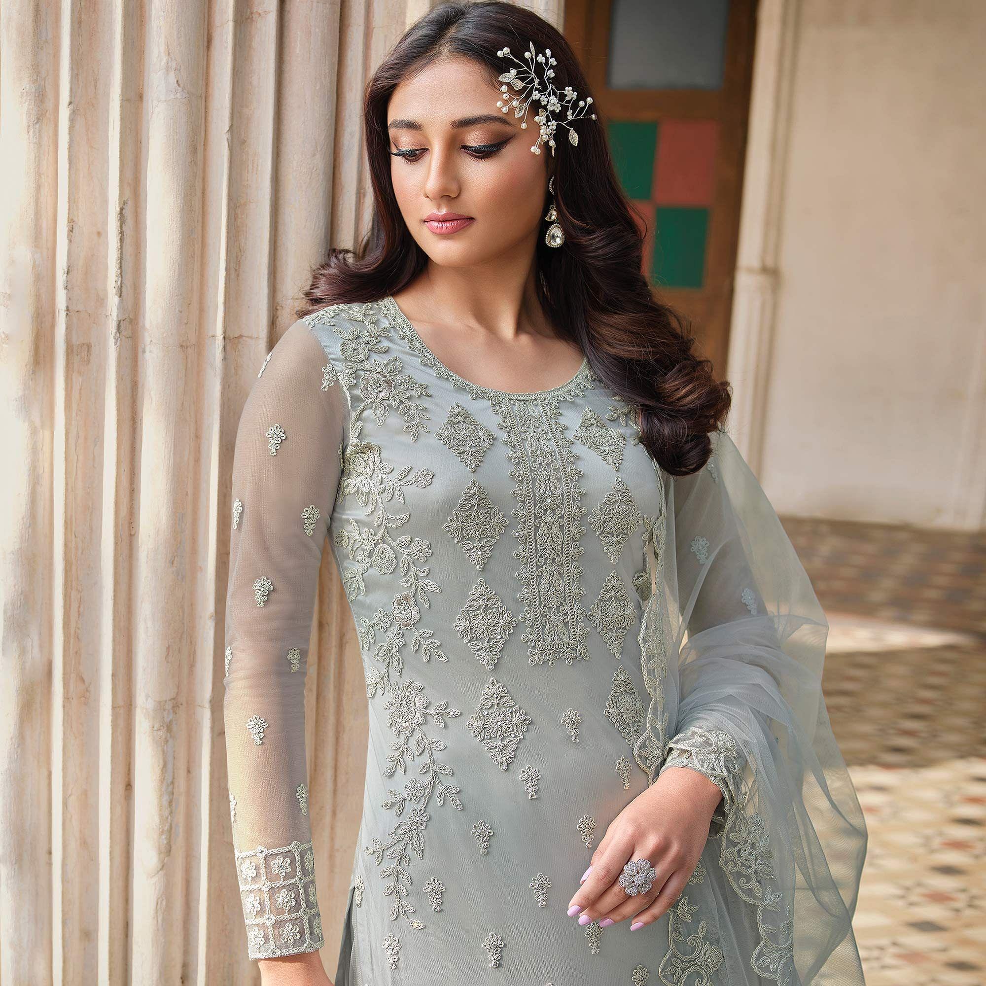 Light Blue Embroidery With Embellished Net Partywear Suit - Peachmode