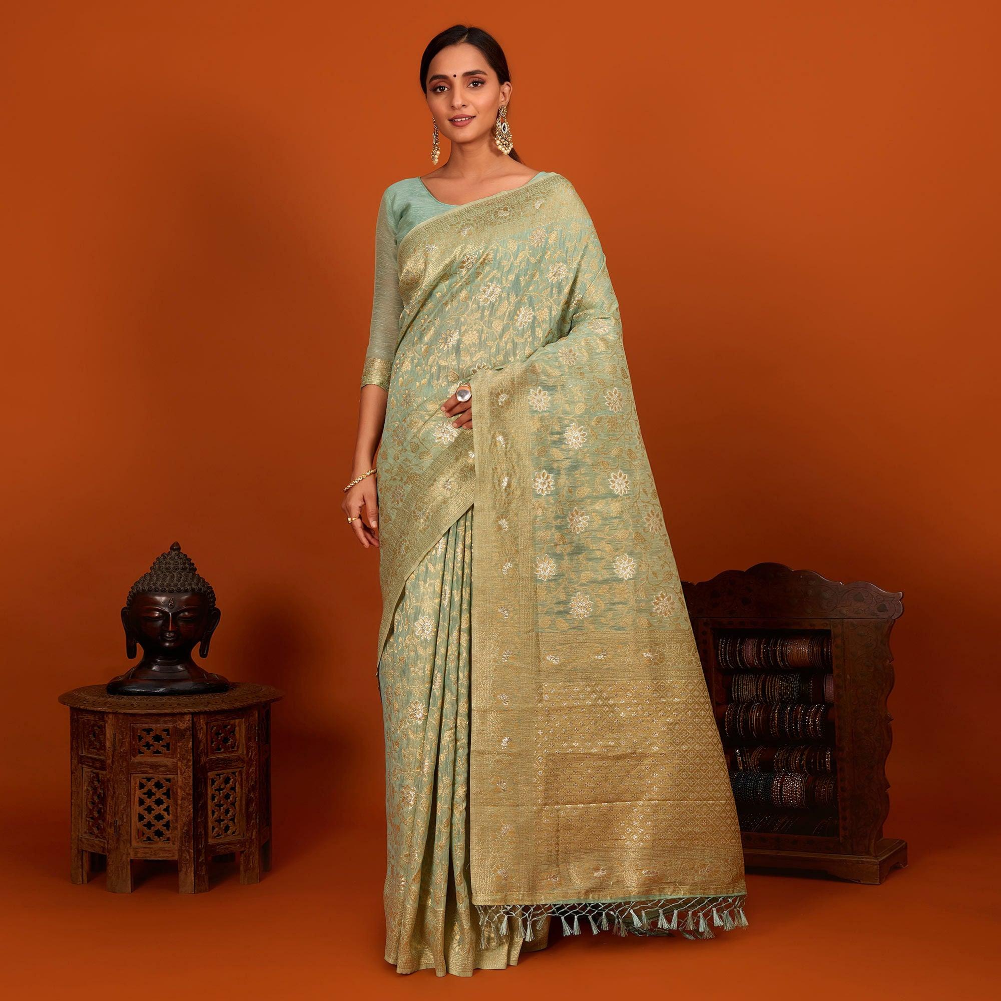 Light Blue Festive Wear Woven Cotton Saree With Tassels - Peachmode