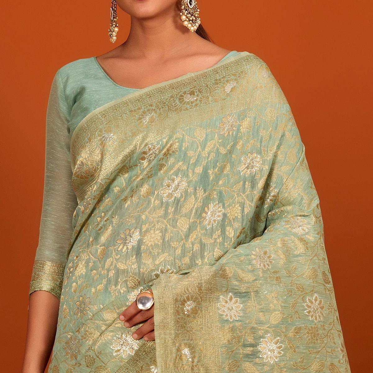 Light Blue Festive Wear Woven Cotton Saree With Tassels - Peachmode