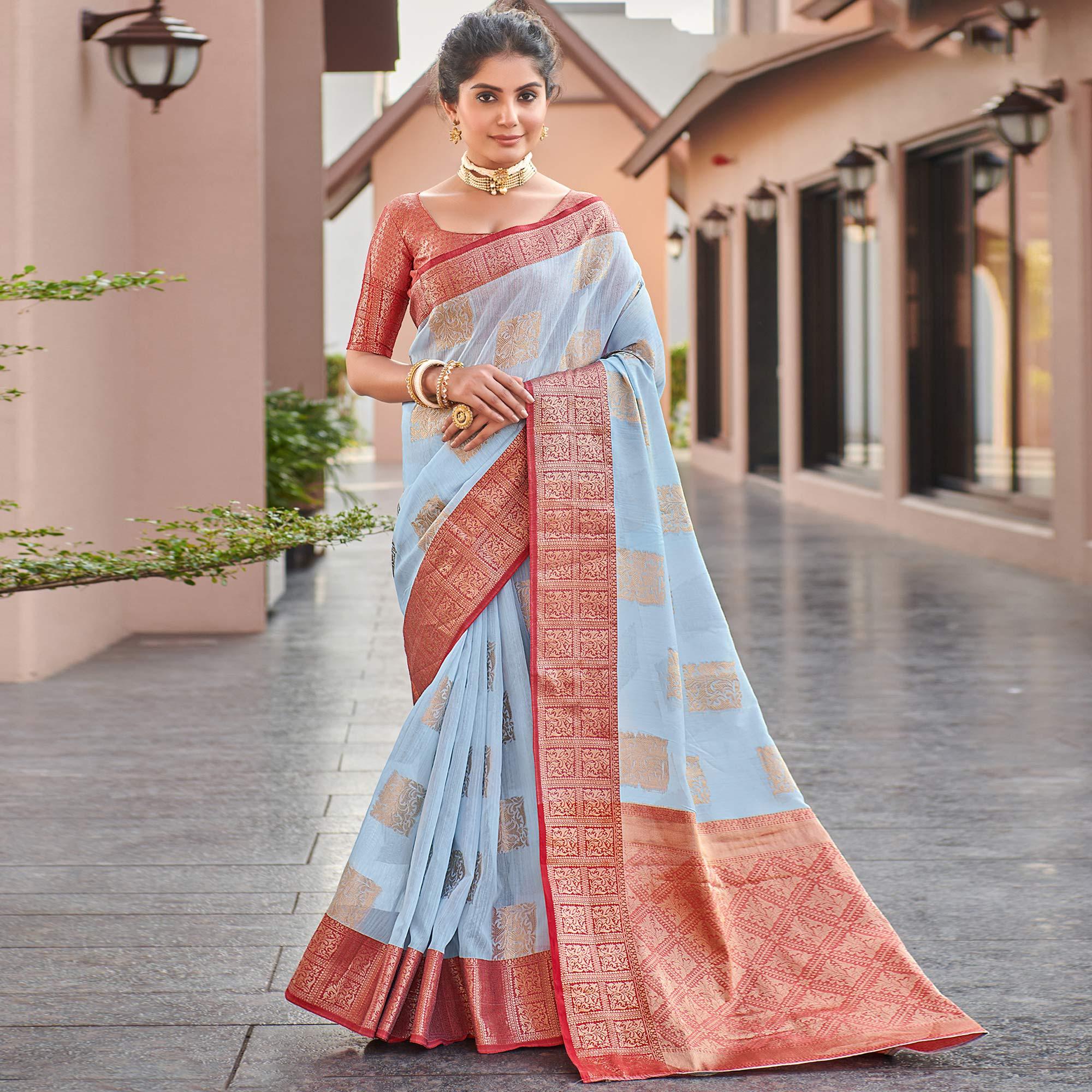 Light Blue Festive Wear Woven Linen Saree - Peachmode