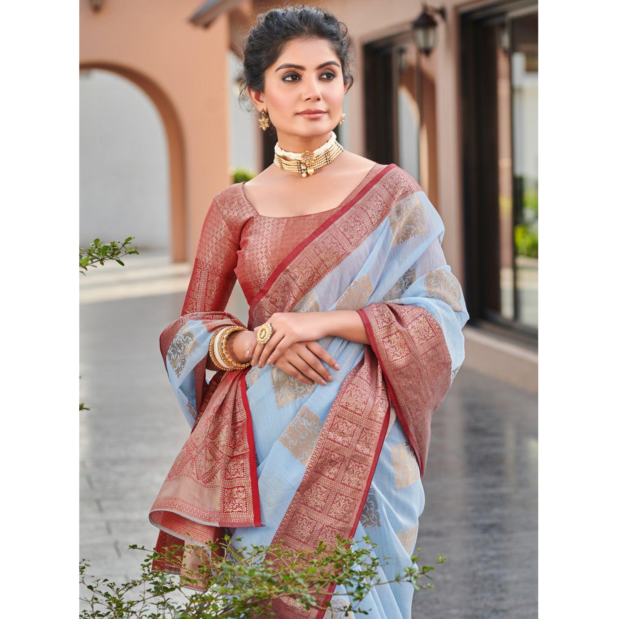 Light Blue Festive Wear Woven Linen Saree - Peachmode