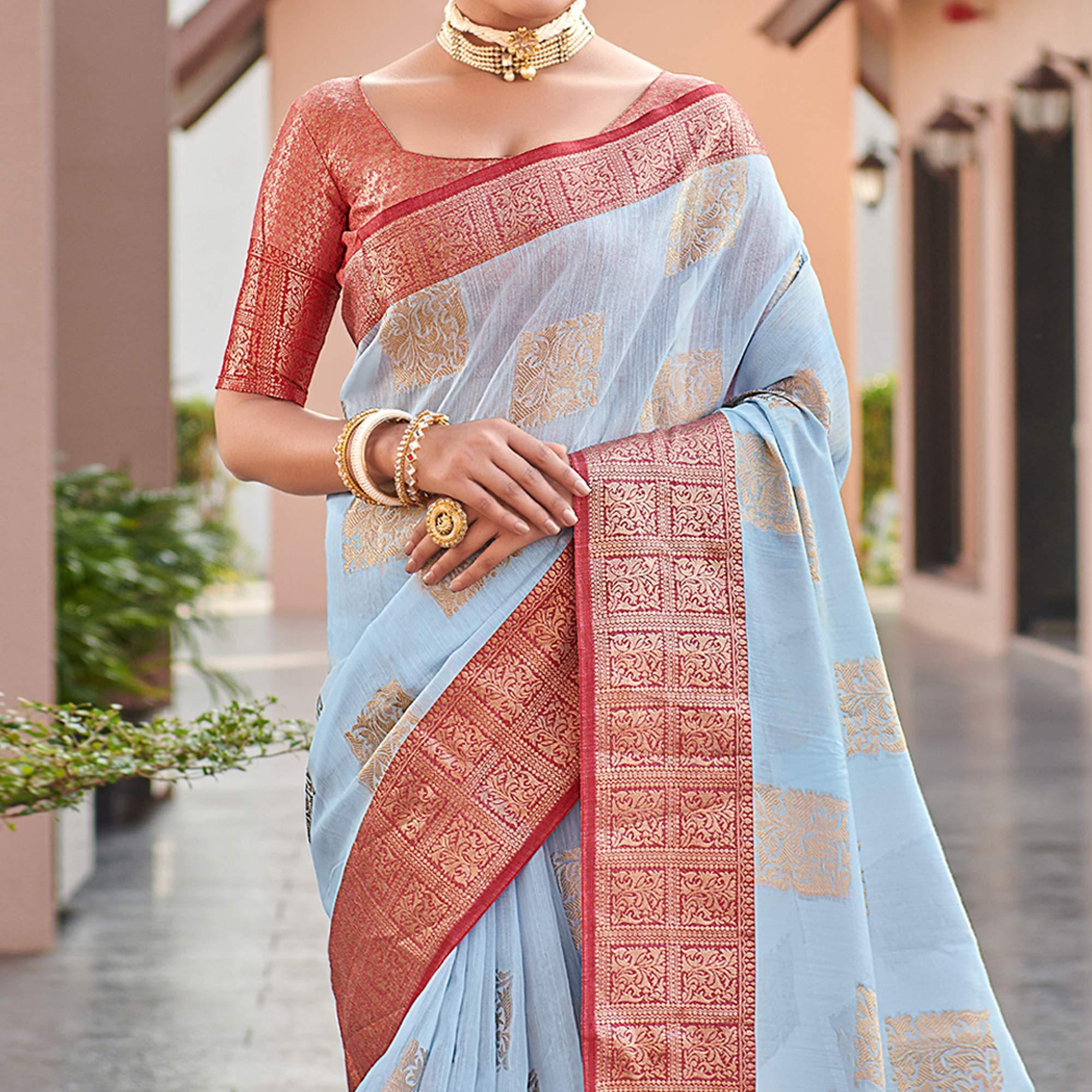 Light Blue Festive Wear Woven Linen Saree - Peachmode