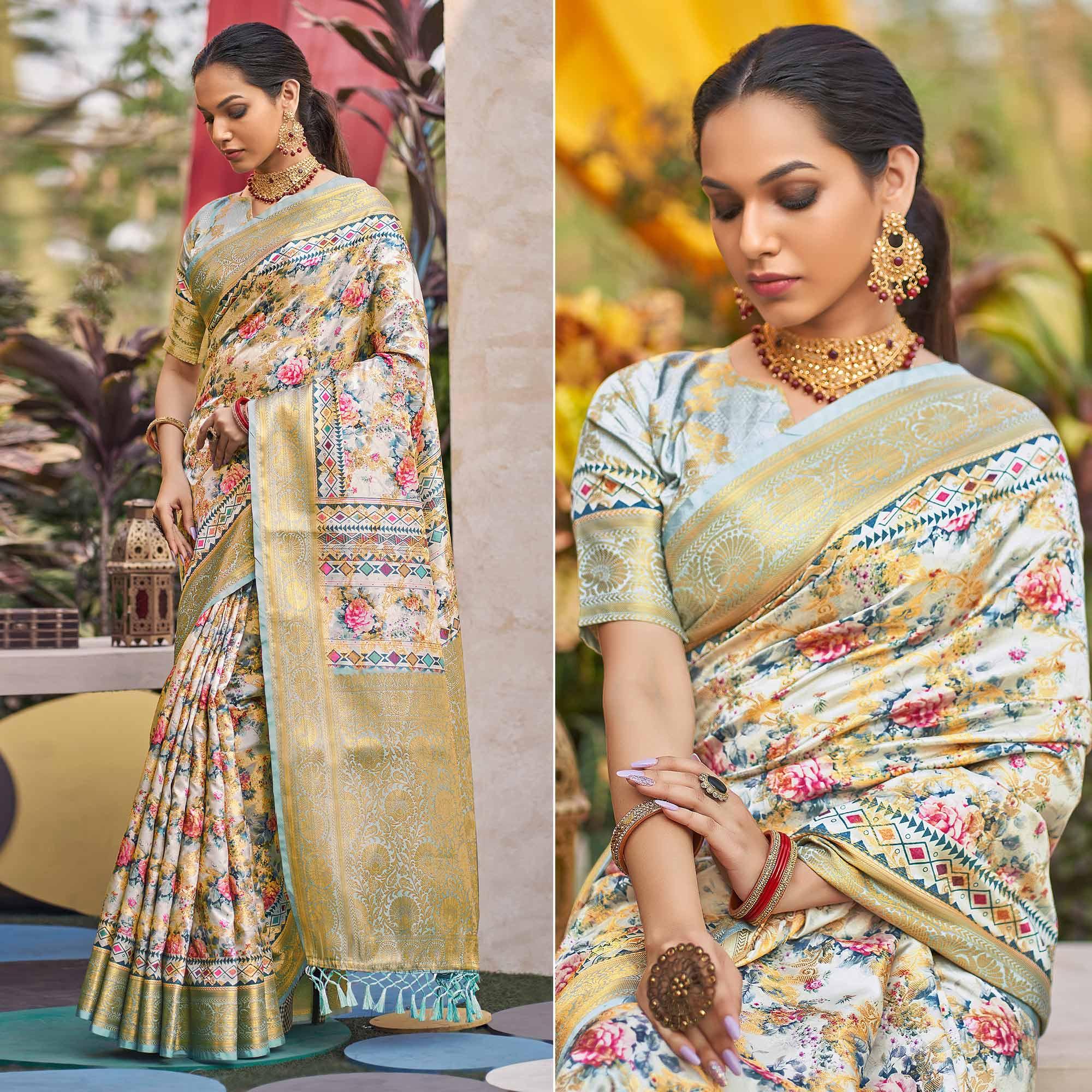 Light Blue Floral Digital Printed Pure Silk Saree - Peachmode