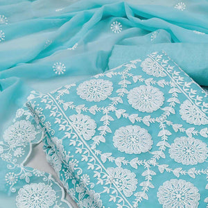 Light Blue Floral Embroidered Georgette Dress Material - Peachmode