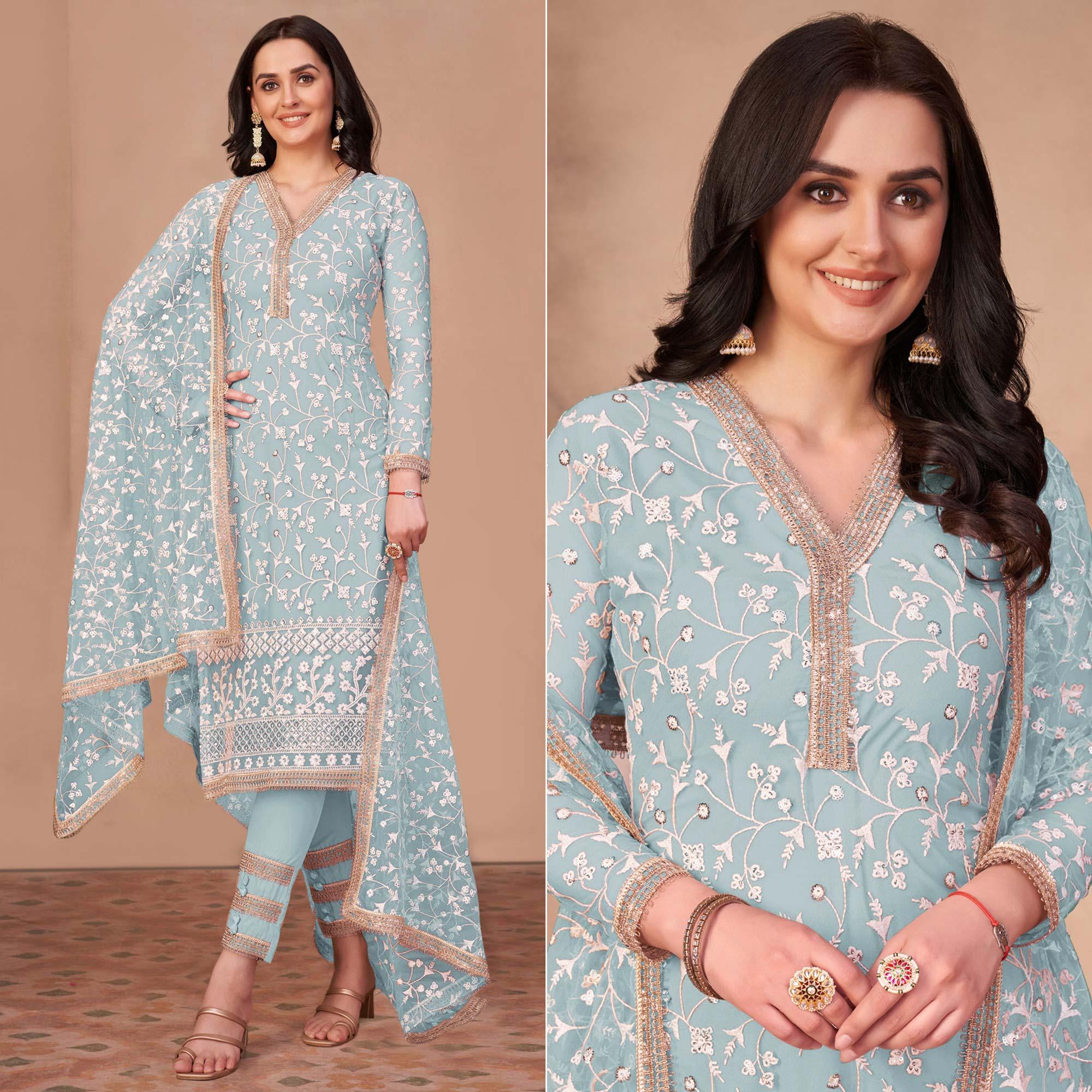 Light Blue Floral Embroidered Netted Suit - Peachmode