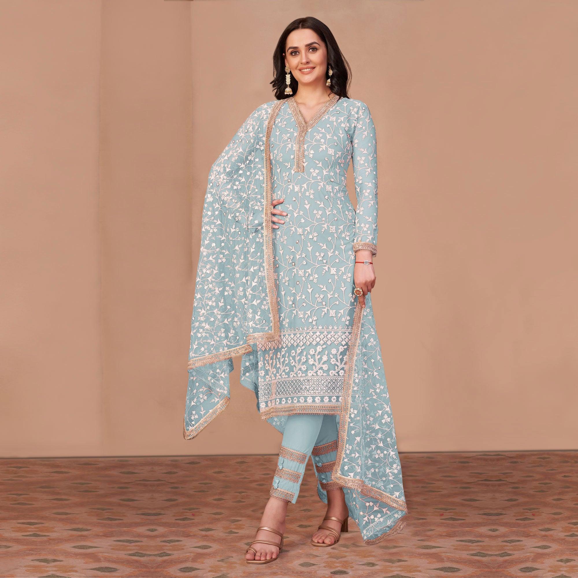 Light Blue Floral Embroidered Netted Suit - Peachmode
