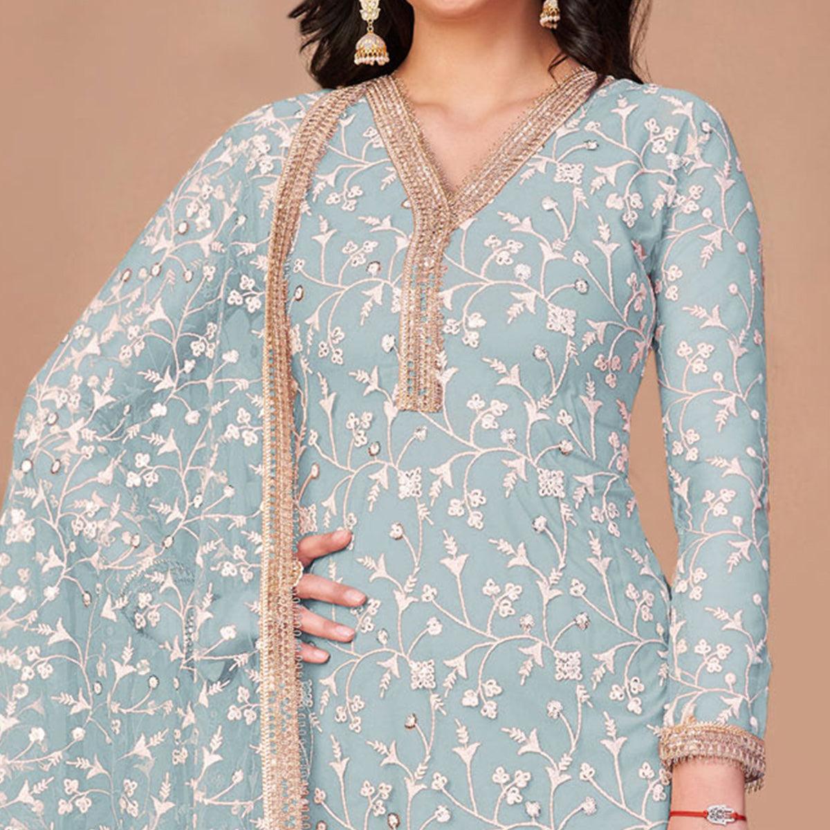 Light Blue Floral Embroidered Netted Suit - Peachmode