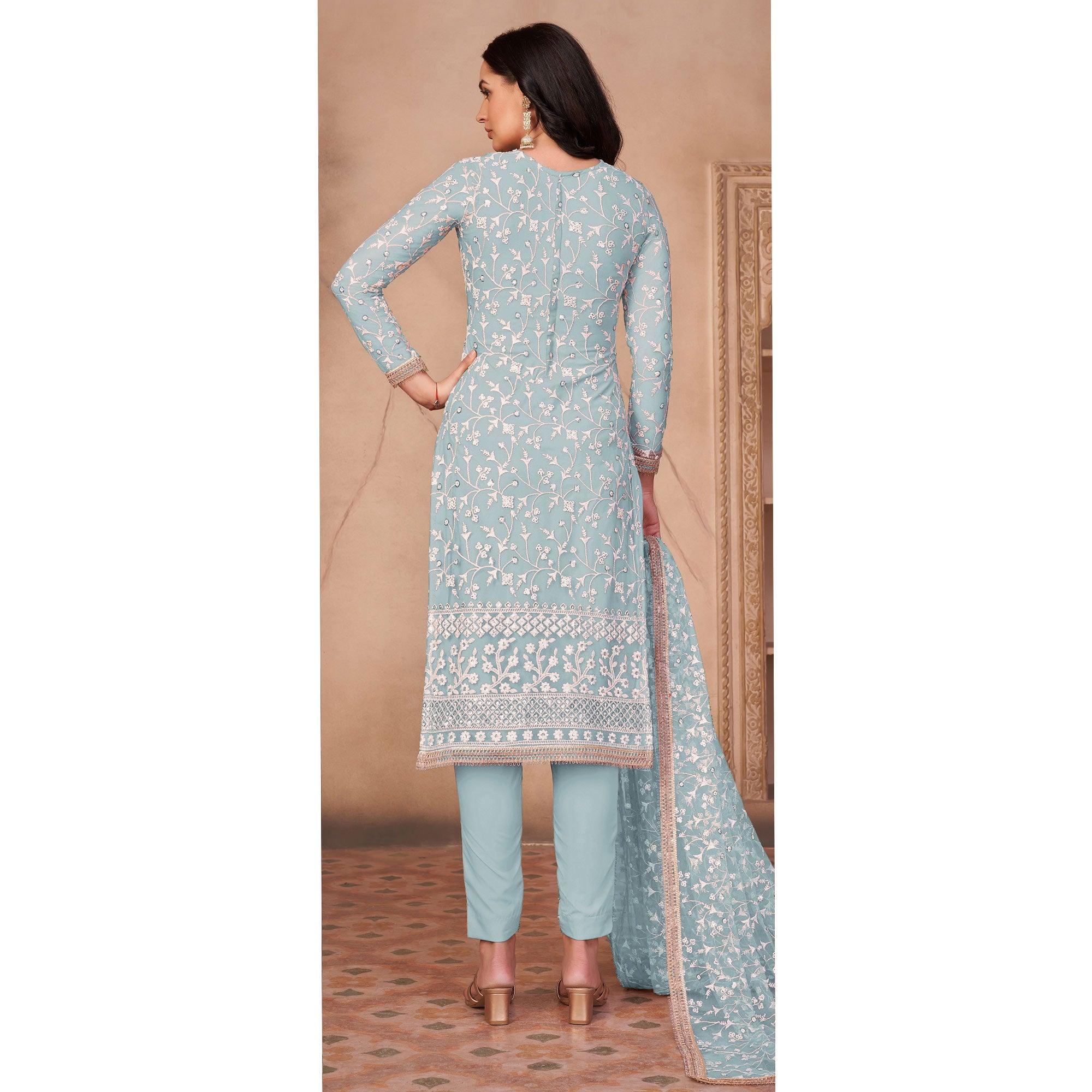 Light Blue Floral Embroidered Netted Suit - Peachmode