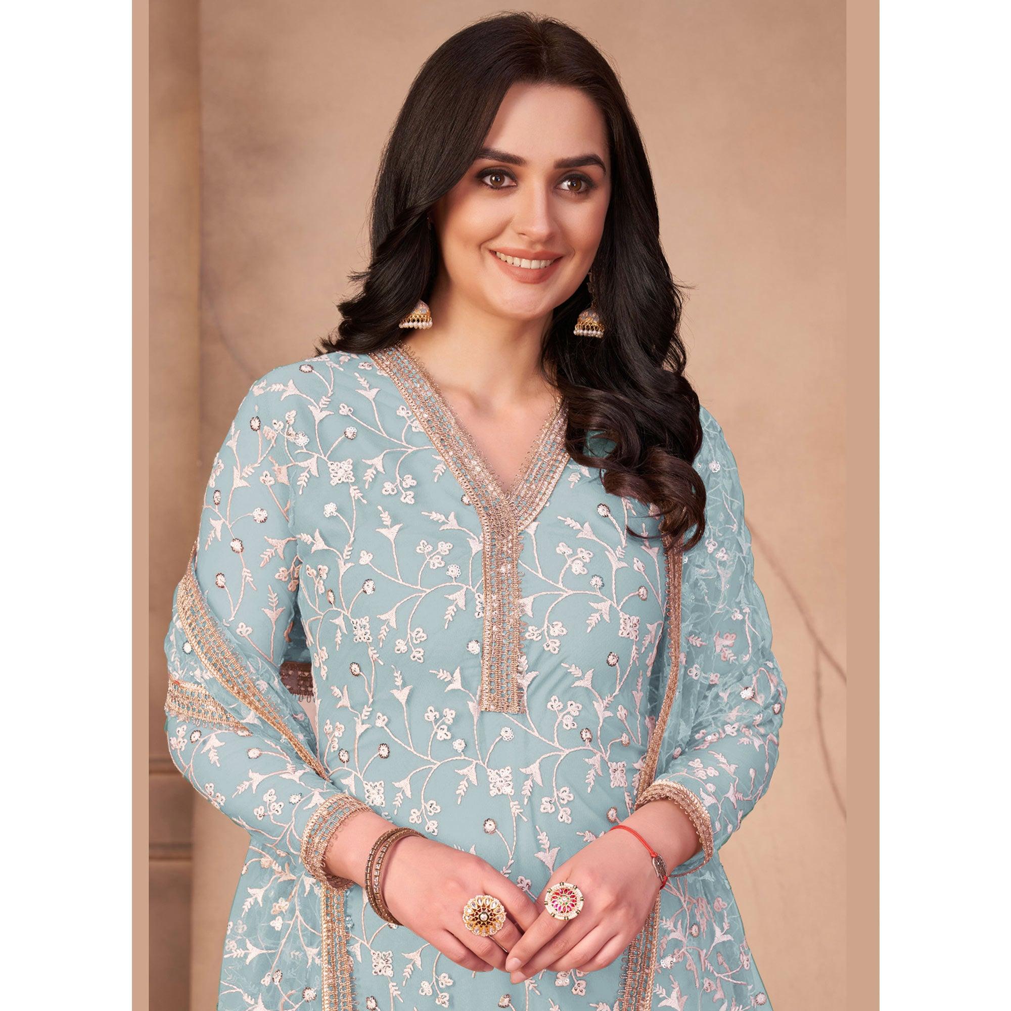 Light Blue Floral Embroidered Netted Suit - Peachmode