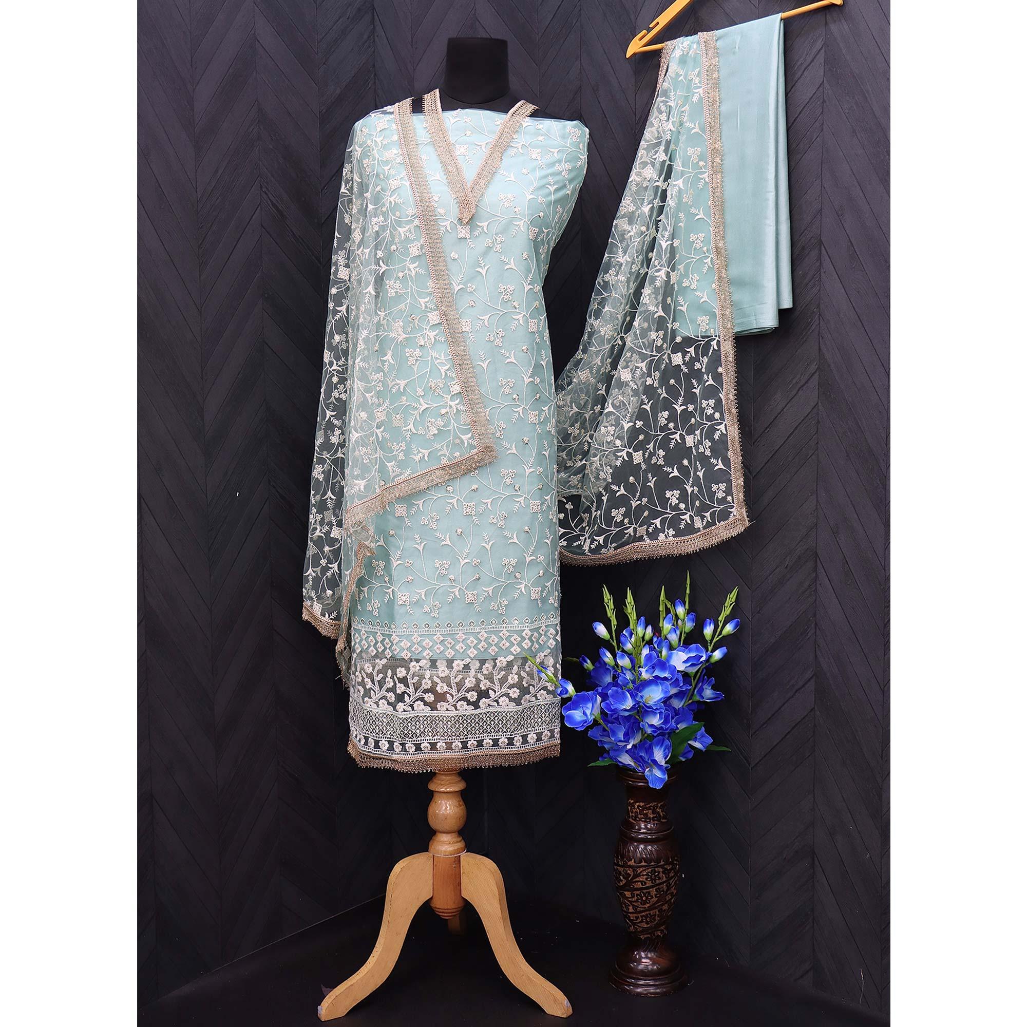 Light Blue Floral Embroidered Netted Suit - Peachmode