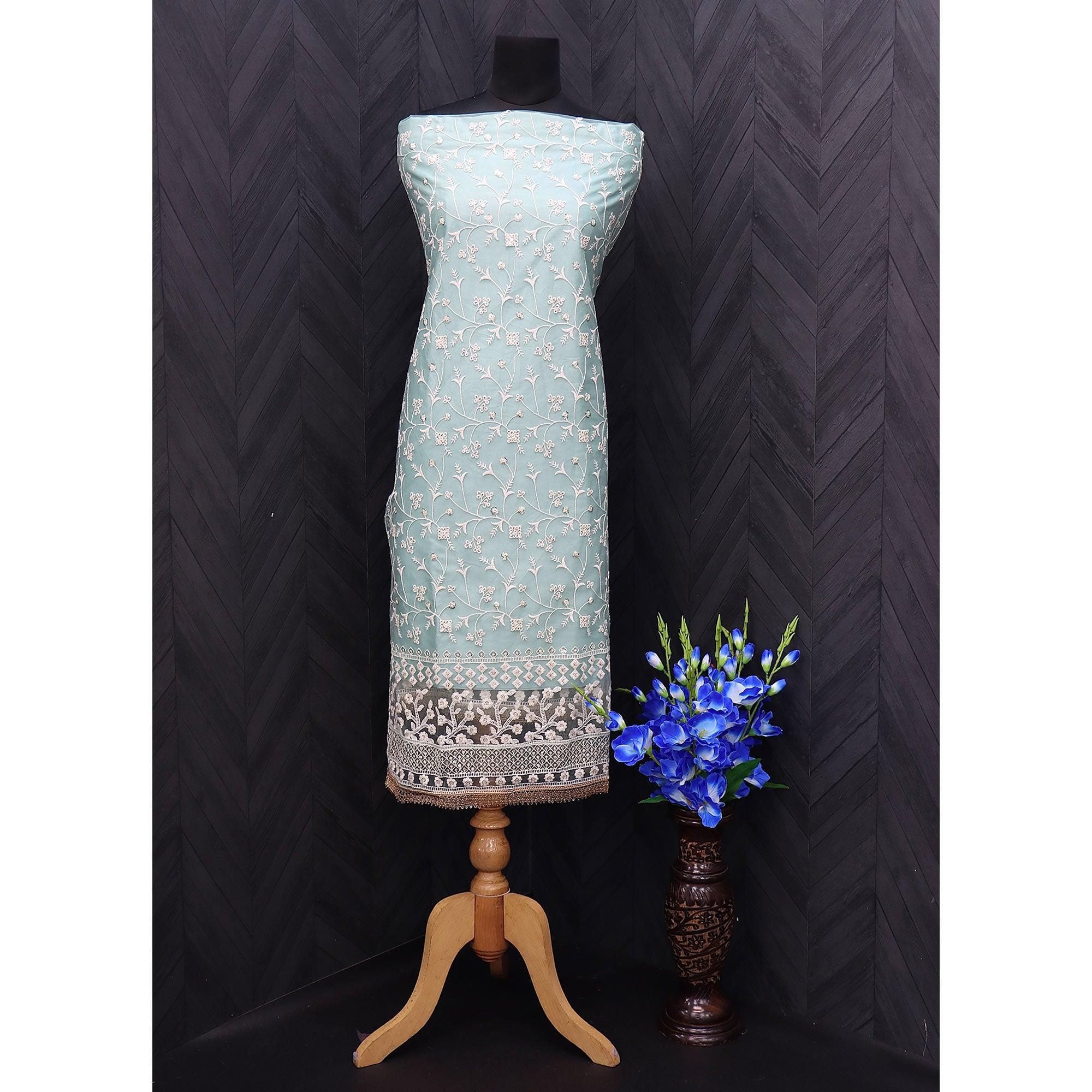 Light Blue Floral Embroidered Netted Suit - Peachmode