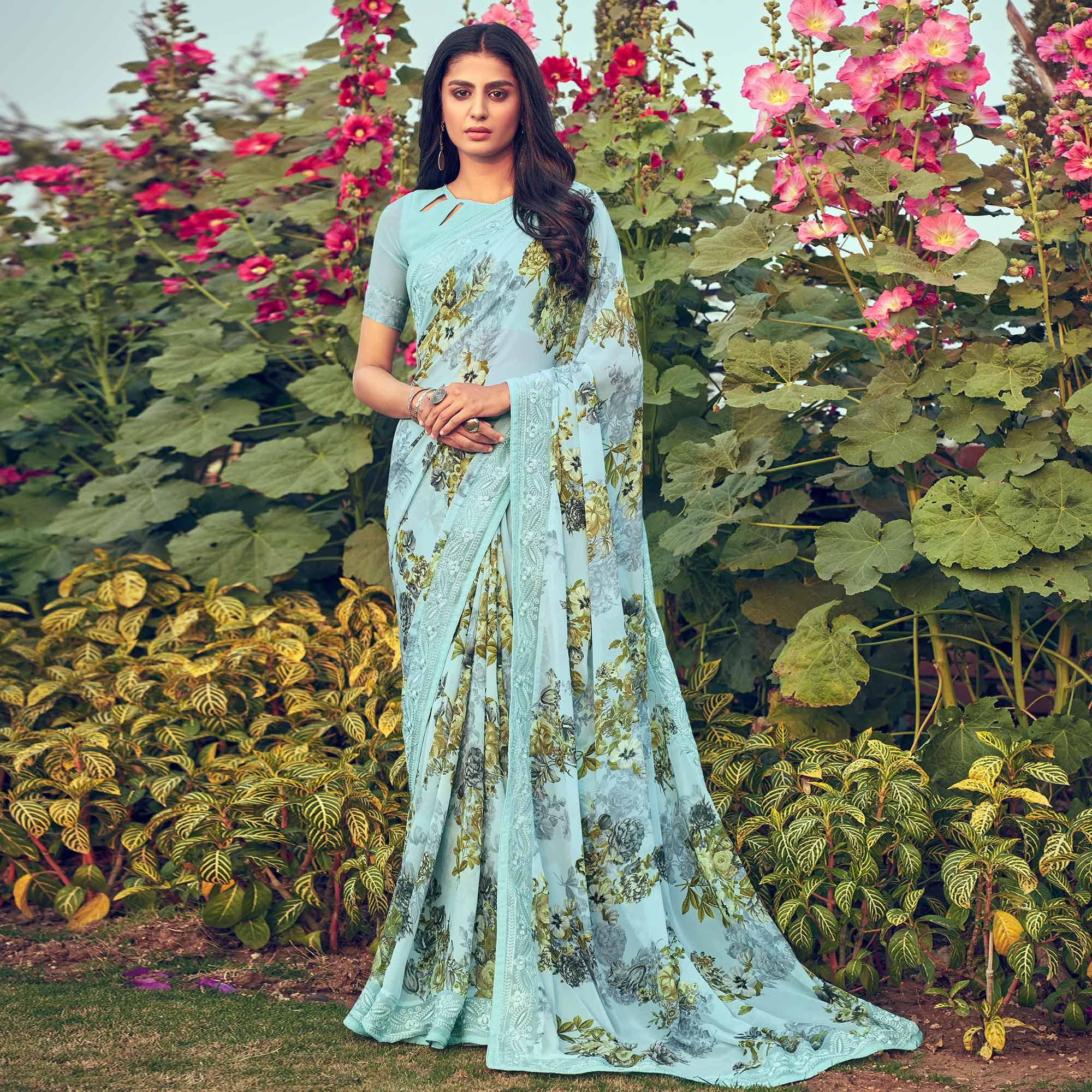 Light Blue Floral Printed Georgette Saree - Peachmode