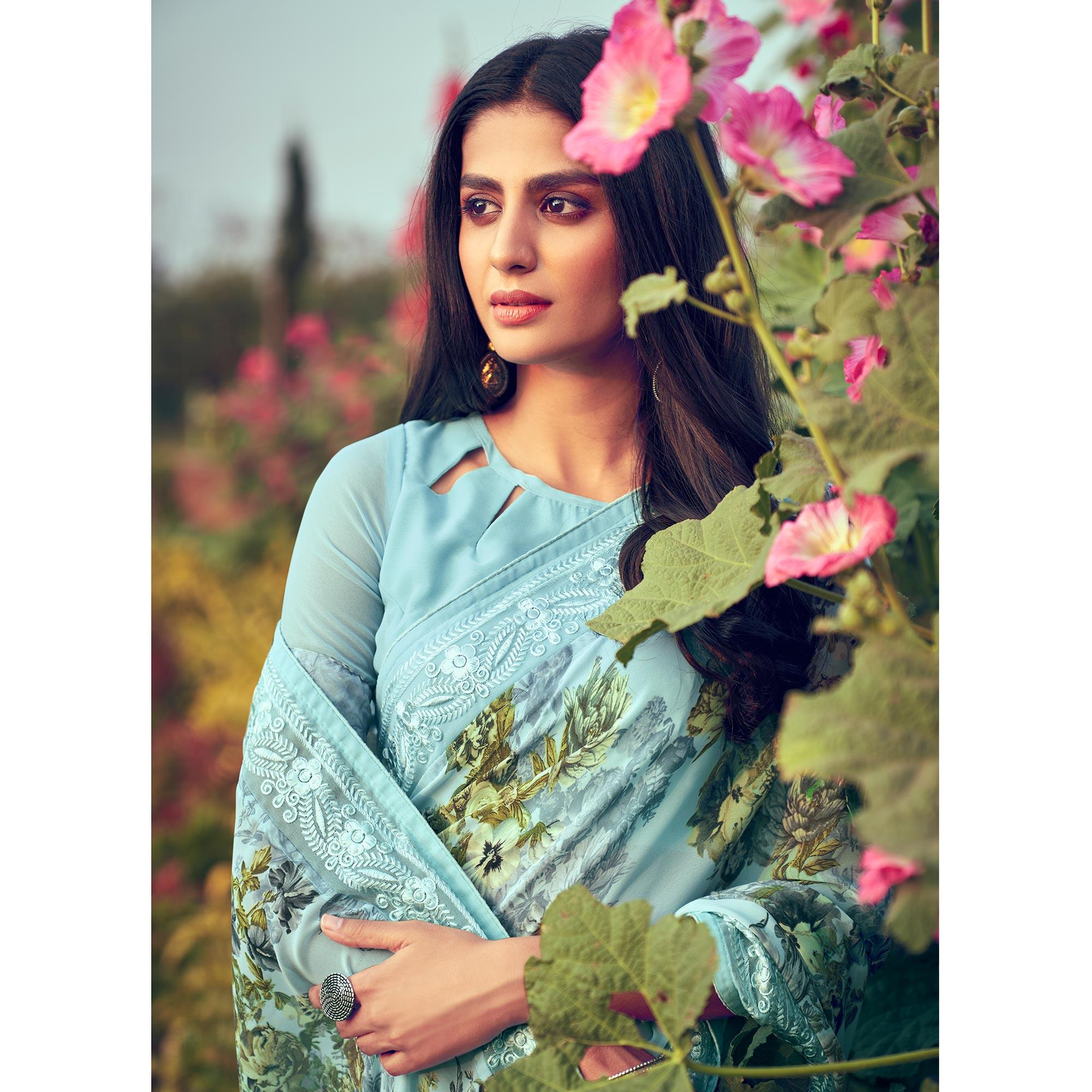 Light Blue Floral Printed Georgette Saree - Peachmode