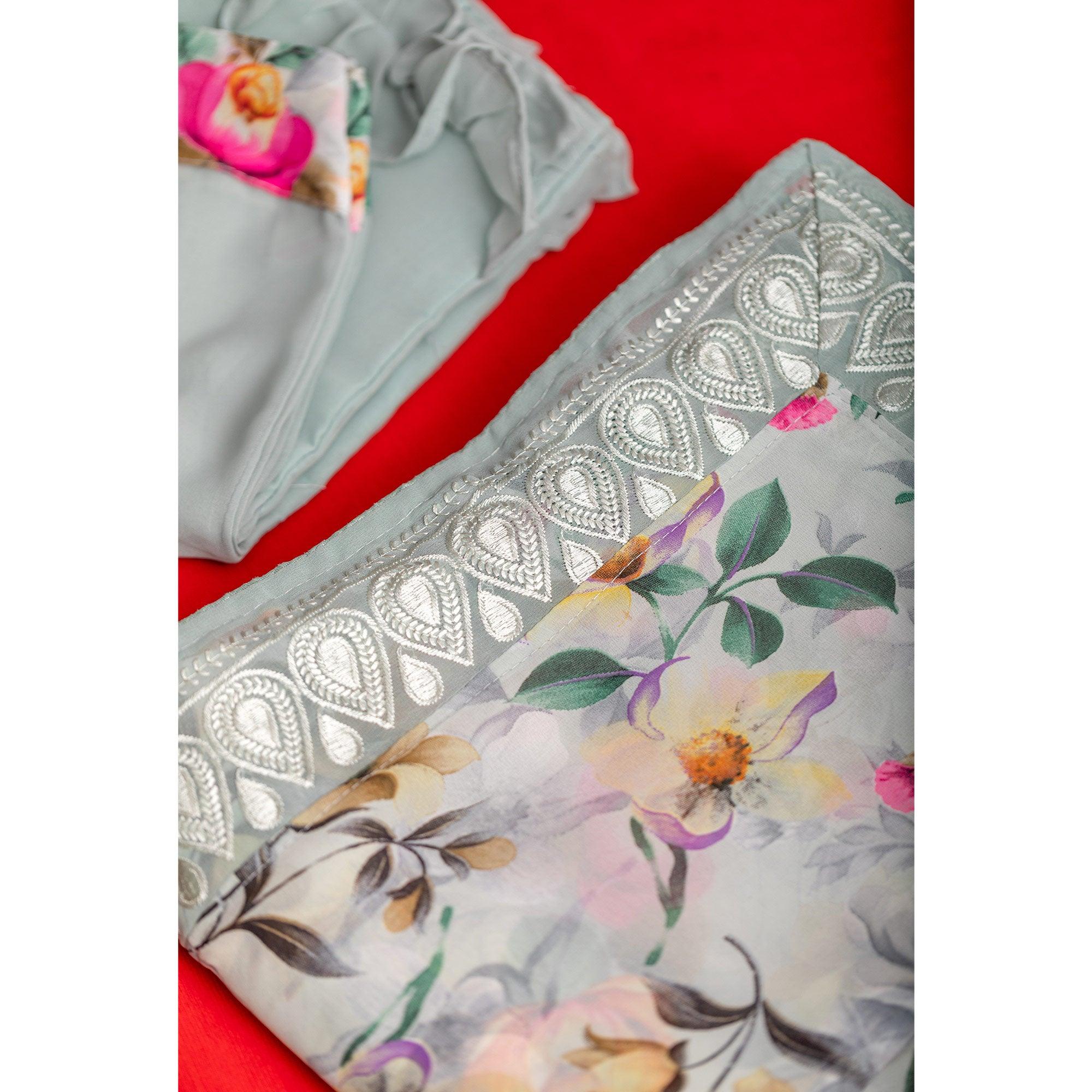 Light Blue Floral Printed With Embroidered Border Georgette Saree - Peachmode