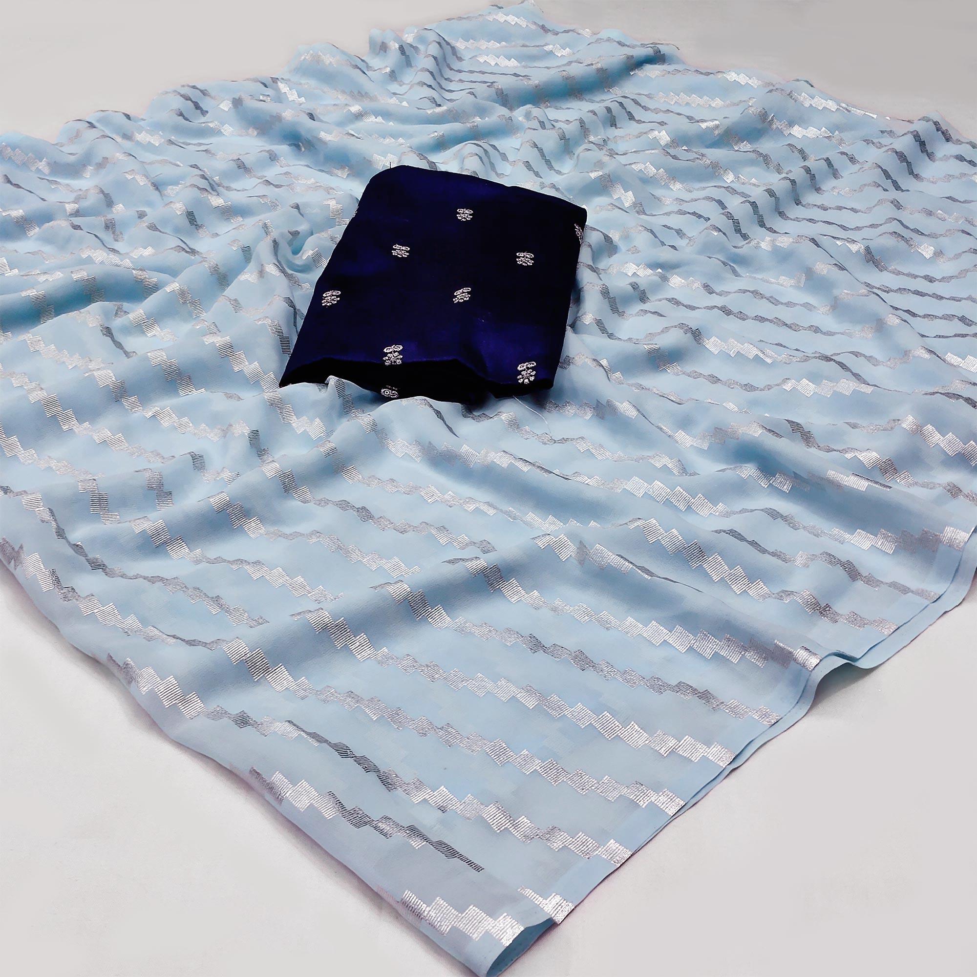 Light Blue Foil Printed Georgette Saree - Peachmode