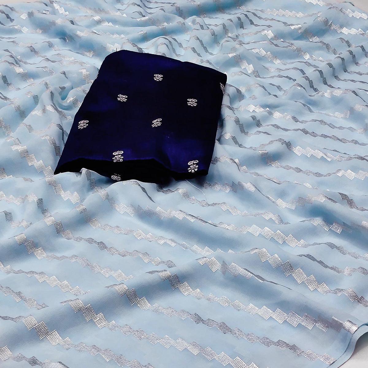 Light Blue Foil Printed Georgette Saree - Peachmode