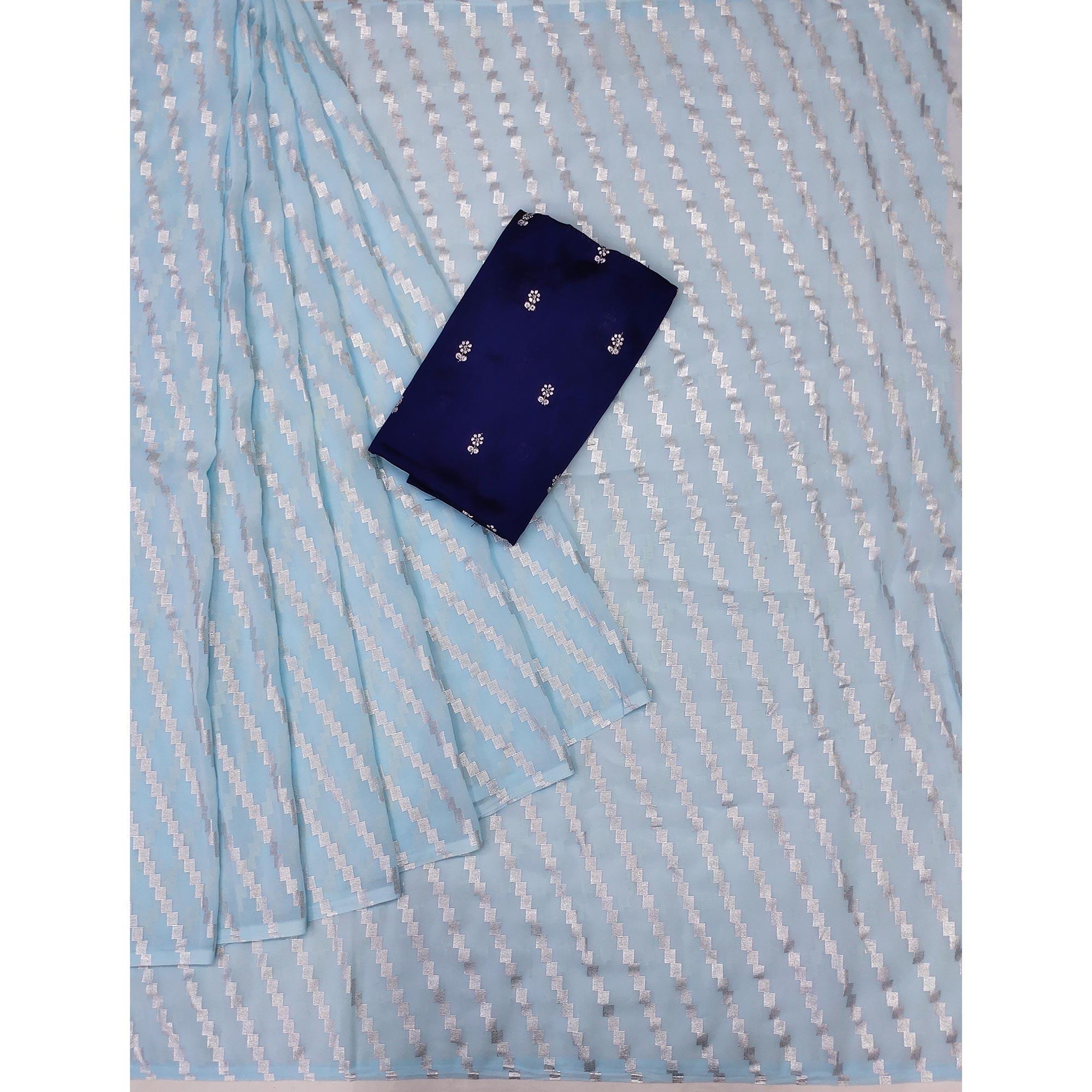 Light Blue Foil Printed Georgette Saree - Peachmode