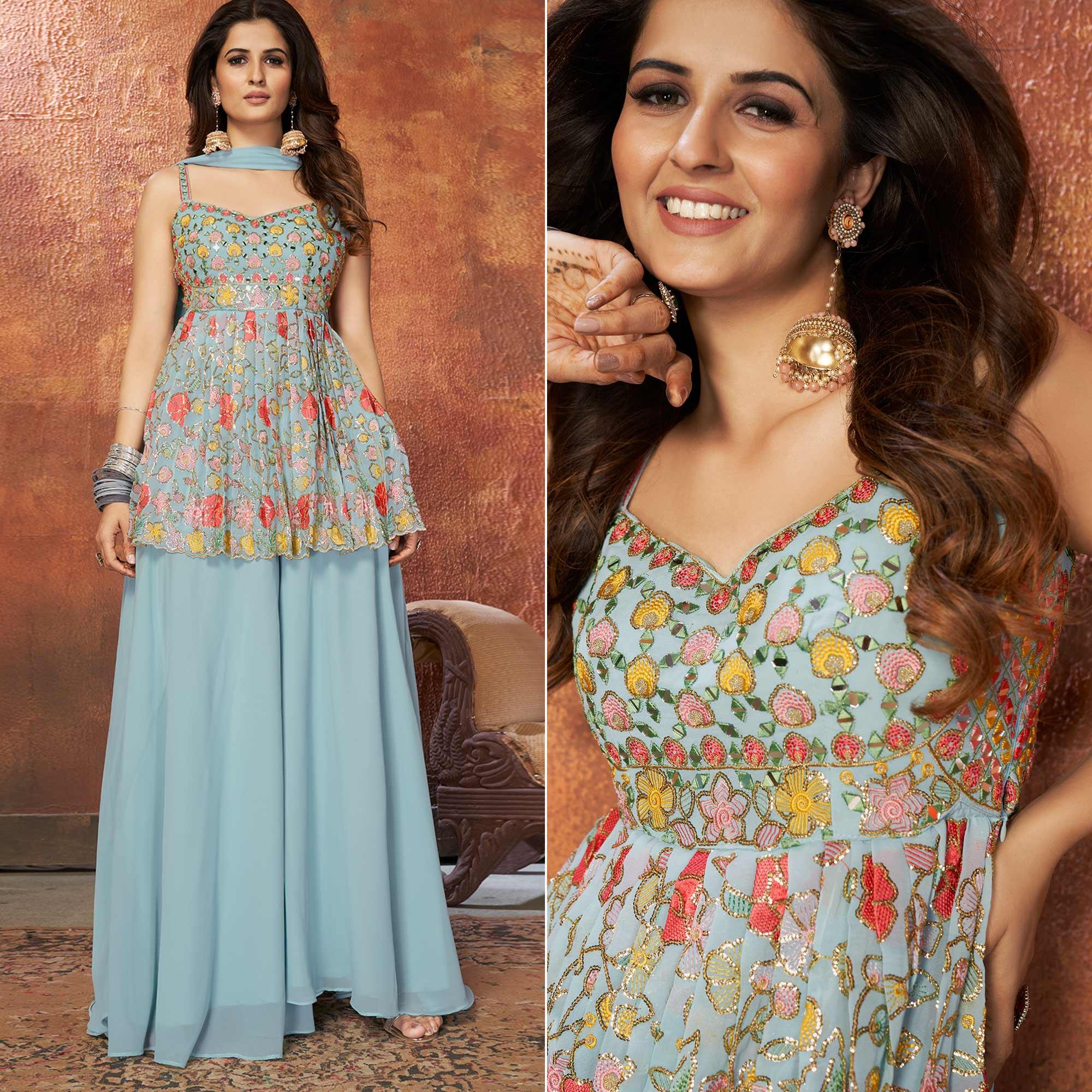 Light Blue Party Wear Embroiddered Georgette Sharara Suit - Peachmode